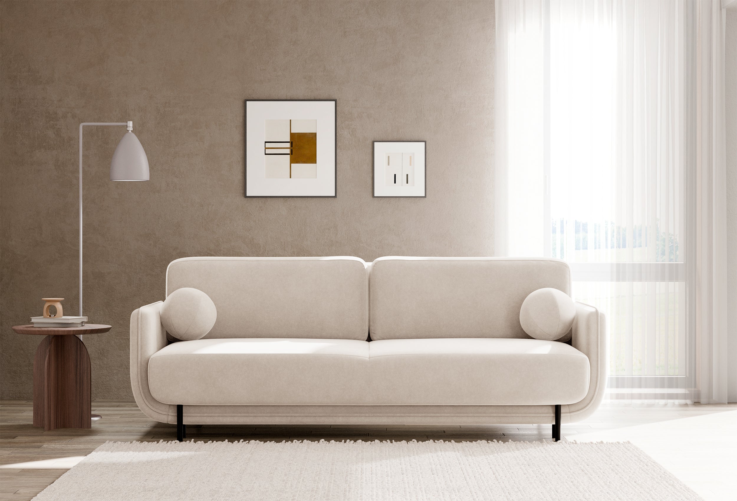 Dreisitziges ausklappbares Sofa Ovals in hellbeigem Samt