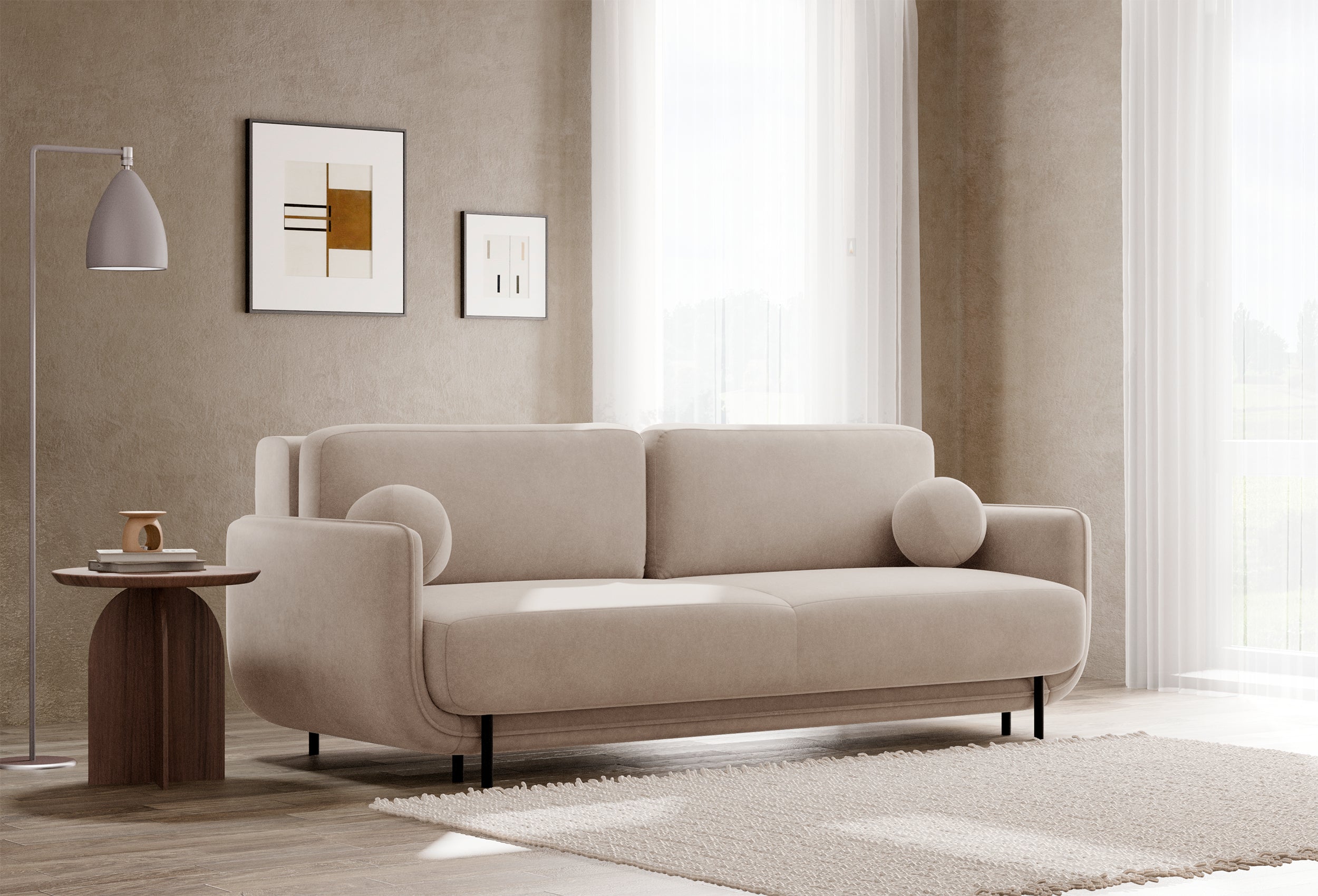 Beiger Ovals Dreisitzer-Schlafsofa aus Samt