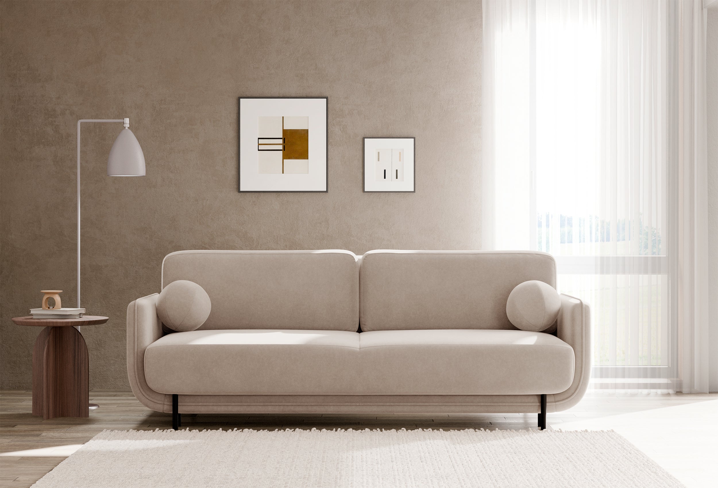 Beiger Ovals Dreisitzer-Schlafsofa aus Samt