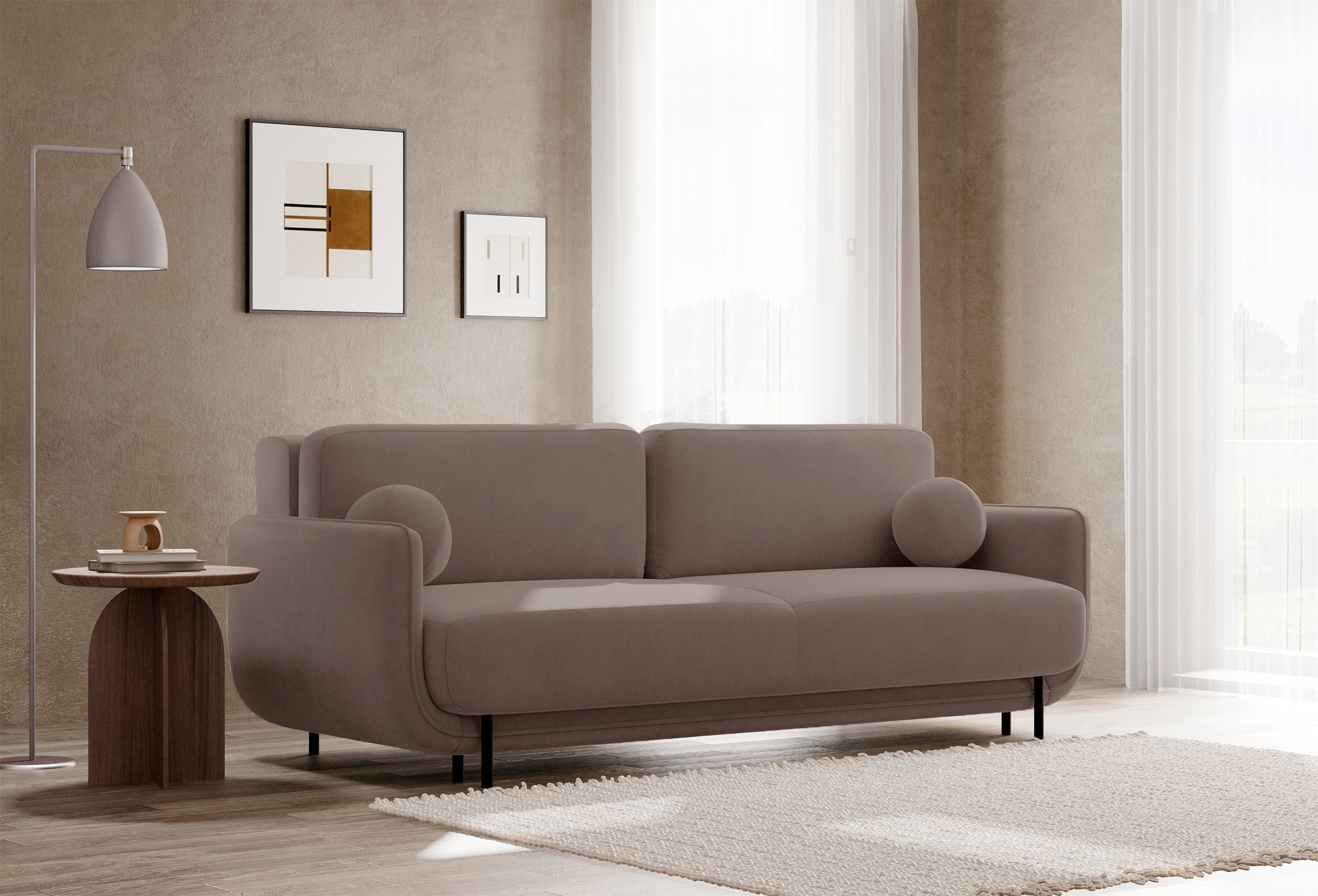 Dreisitziges ausklappbares Sofa Ovals hellbrauner Samt