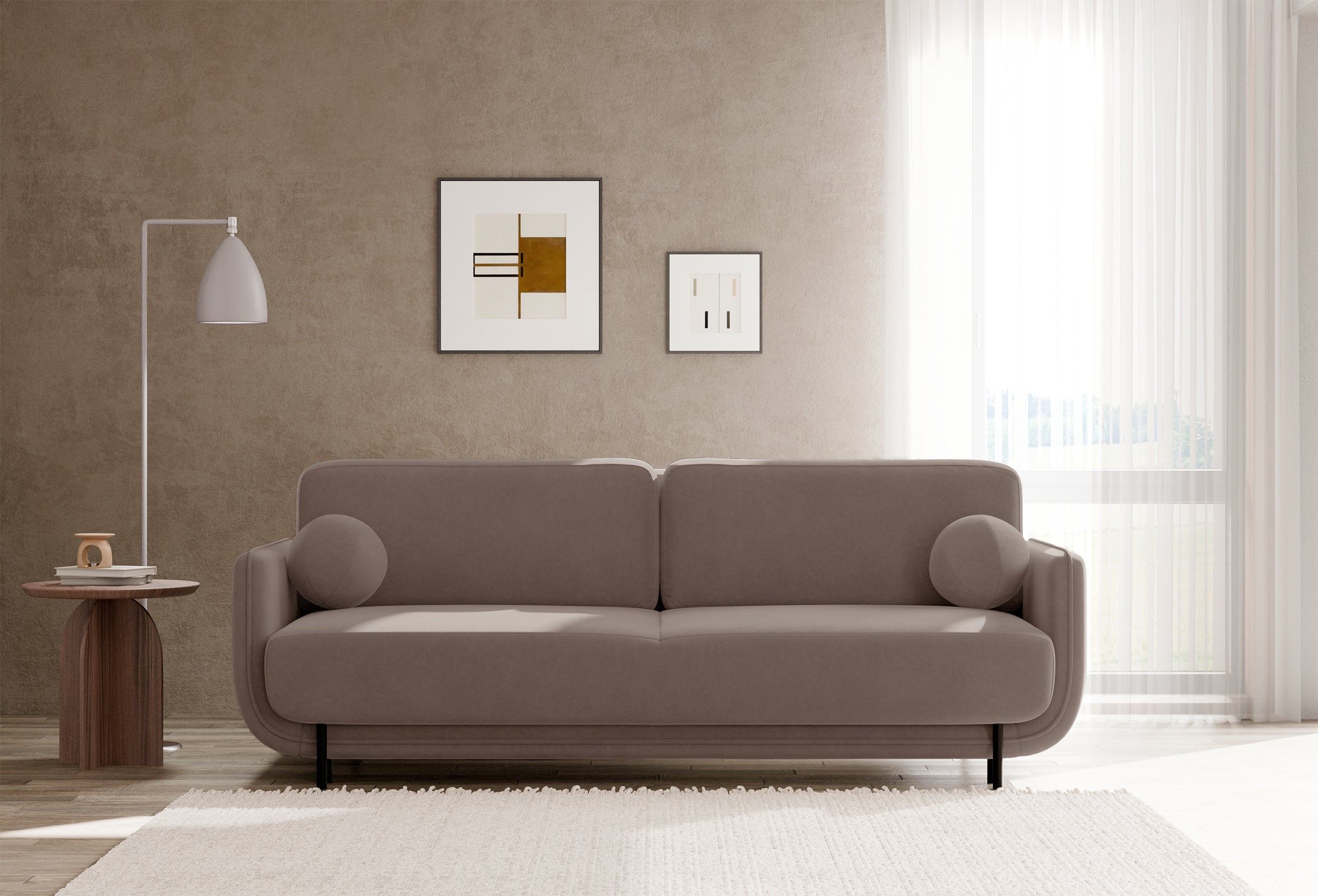 Dreisitziges ausklappbares Sofa Ovals hellbrauner Samt