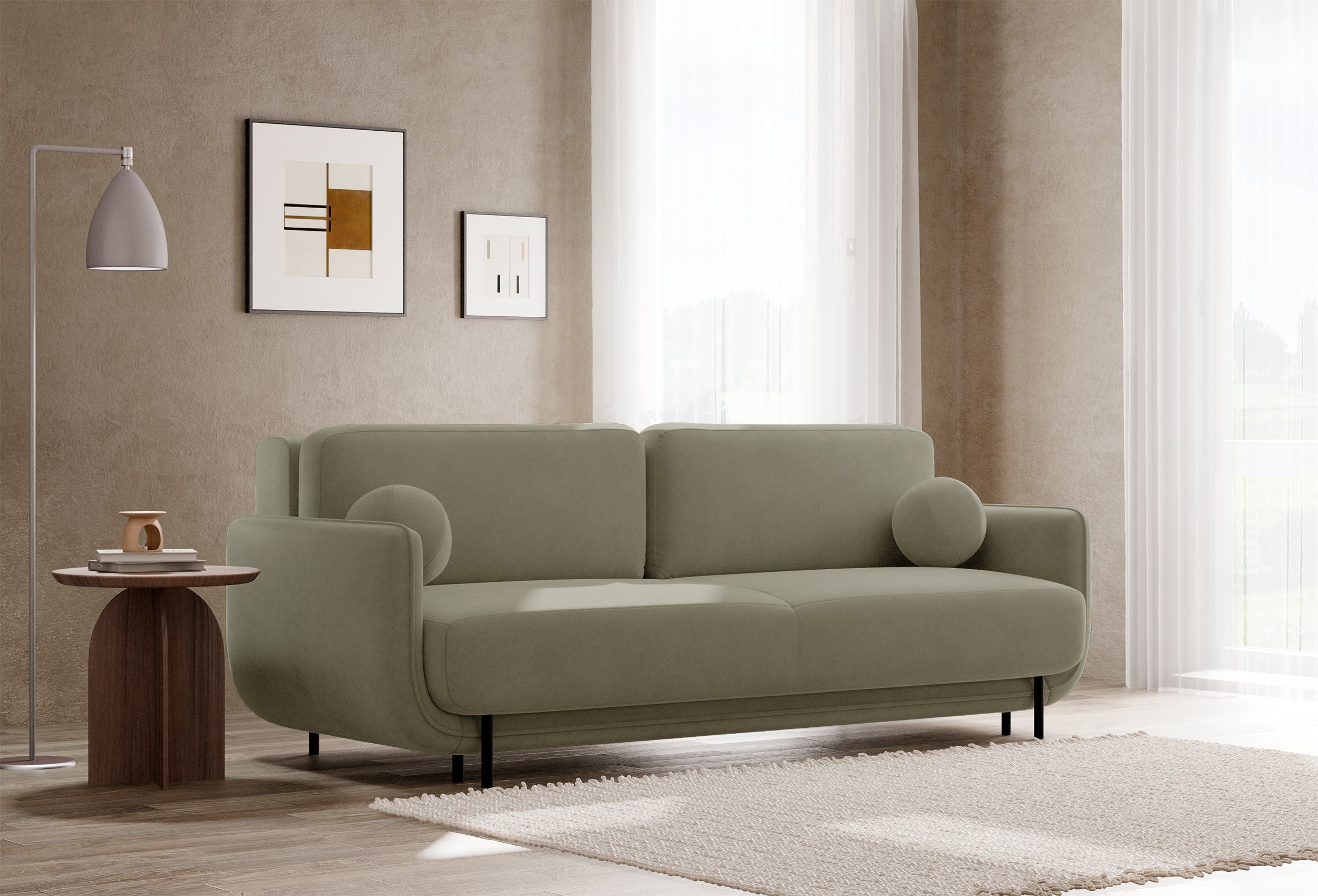 Drei-Sitzer-Schlafsofa Ovals aus salbeigrünem Samtvelours