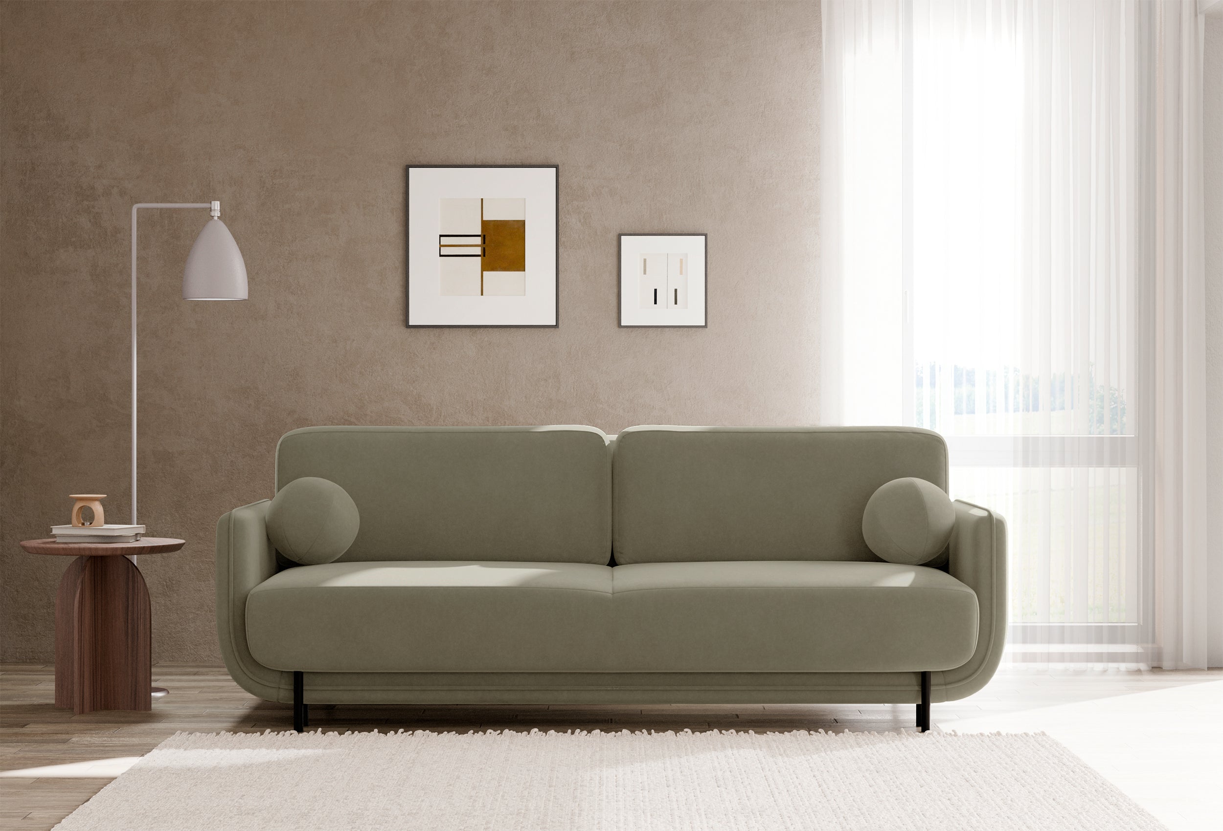 Drei-Sitzer-Schlafsofa Ovals aus salbeigrünem Samtvelours
