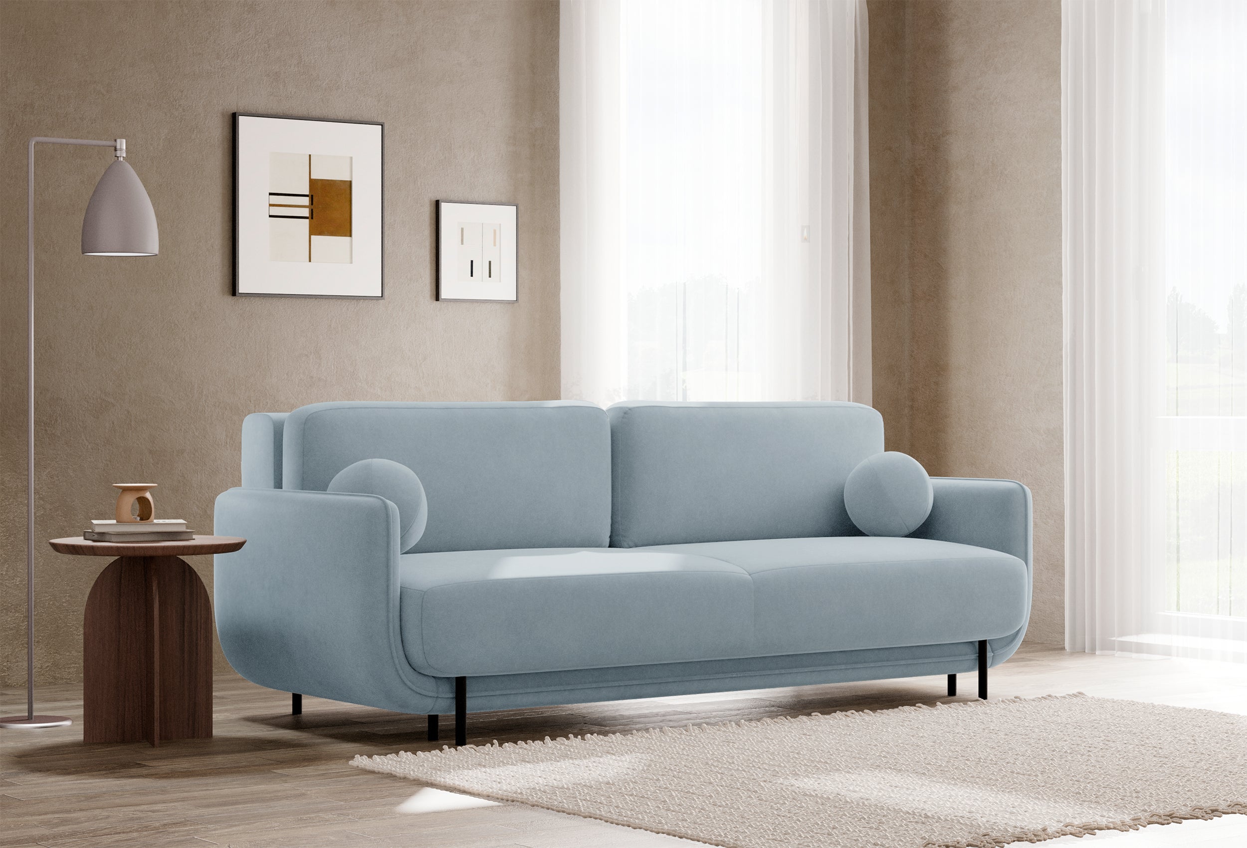 Dreisitziges ausklappbares Sofa Ovals, hellblauer Samt