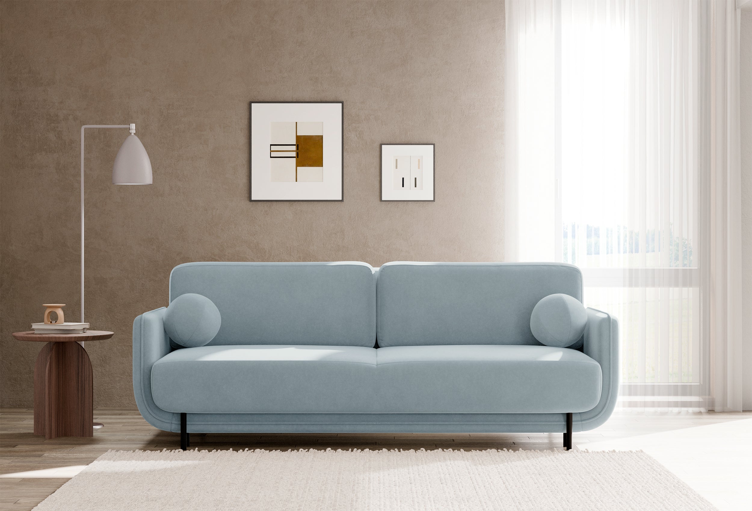 Dreisitziges ausklappbares Sofa Ovals, hellblauer Samt