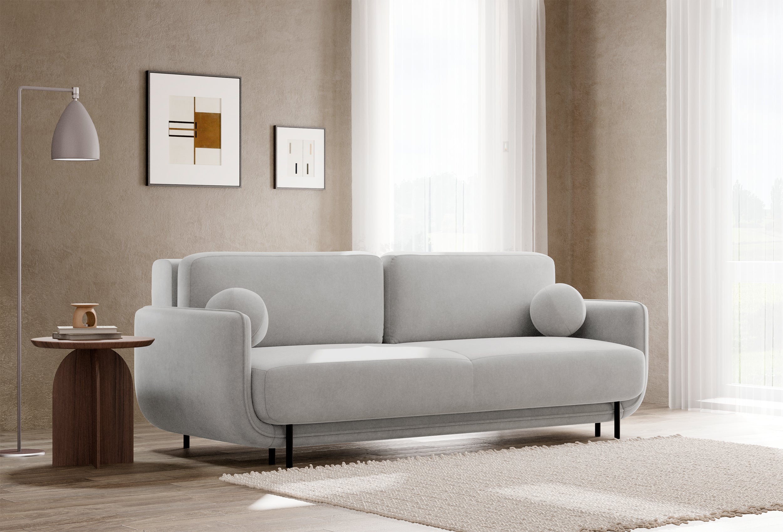 Dreisitziges ausklappbares Sofa Ovals in hellgrauem Samtstoff