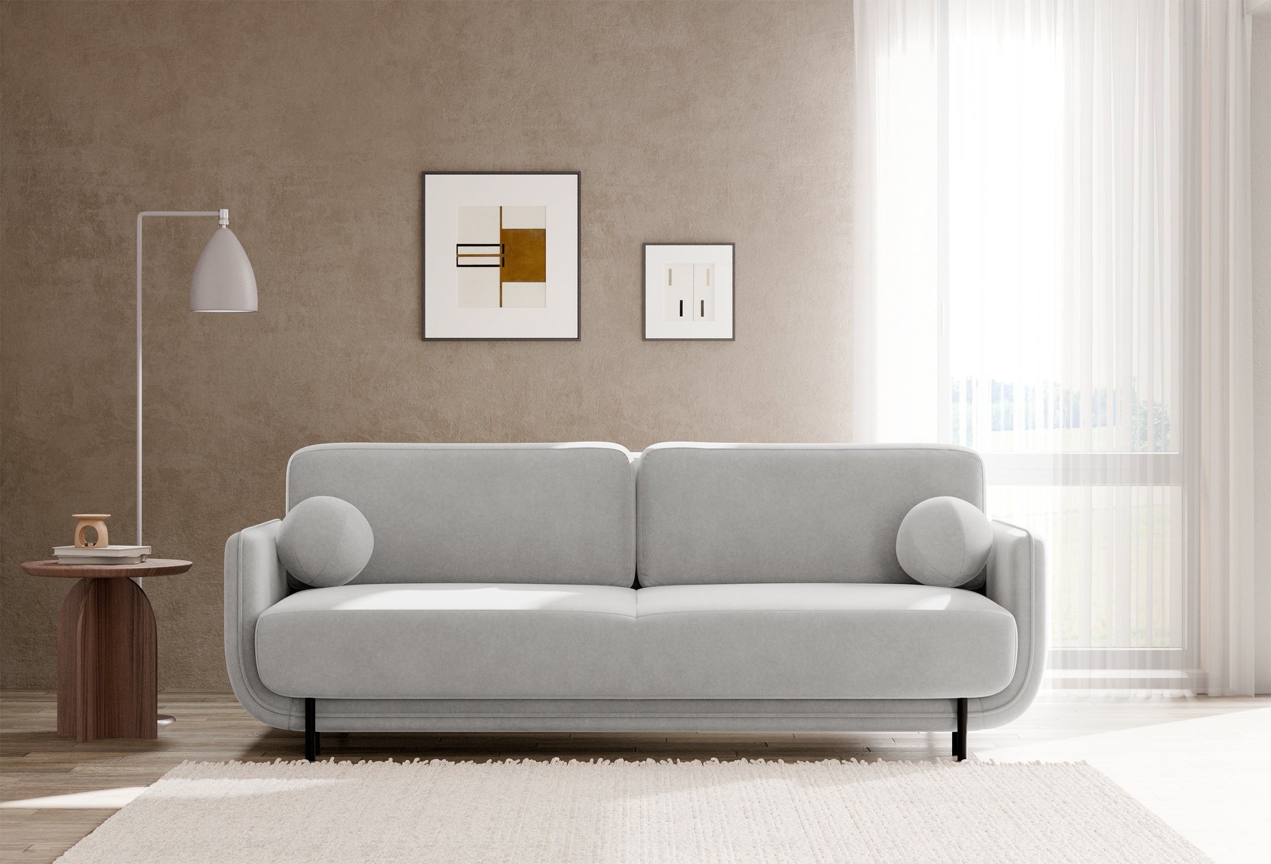 Dreisitziges ausklappbares Sofa Ovals in hellgrauem Samtstoff
