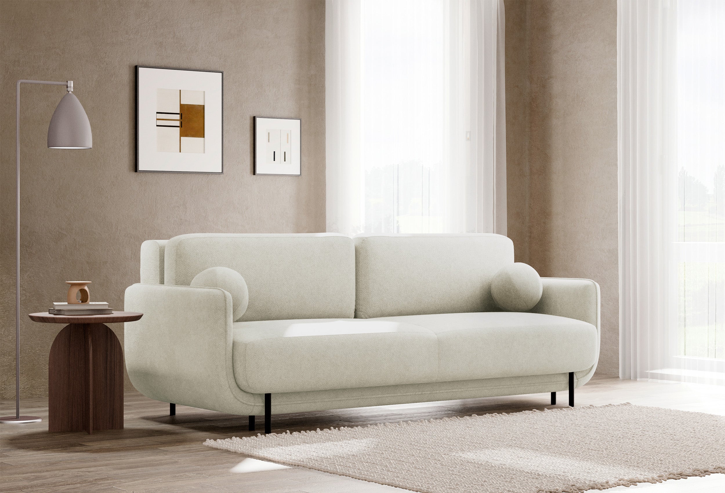 Dreisitziges ausklappbares Sofa Ovals in Creme mit Flechtoptik