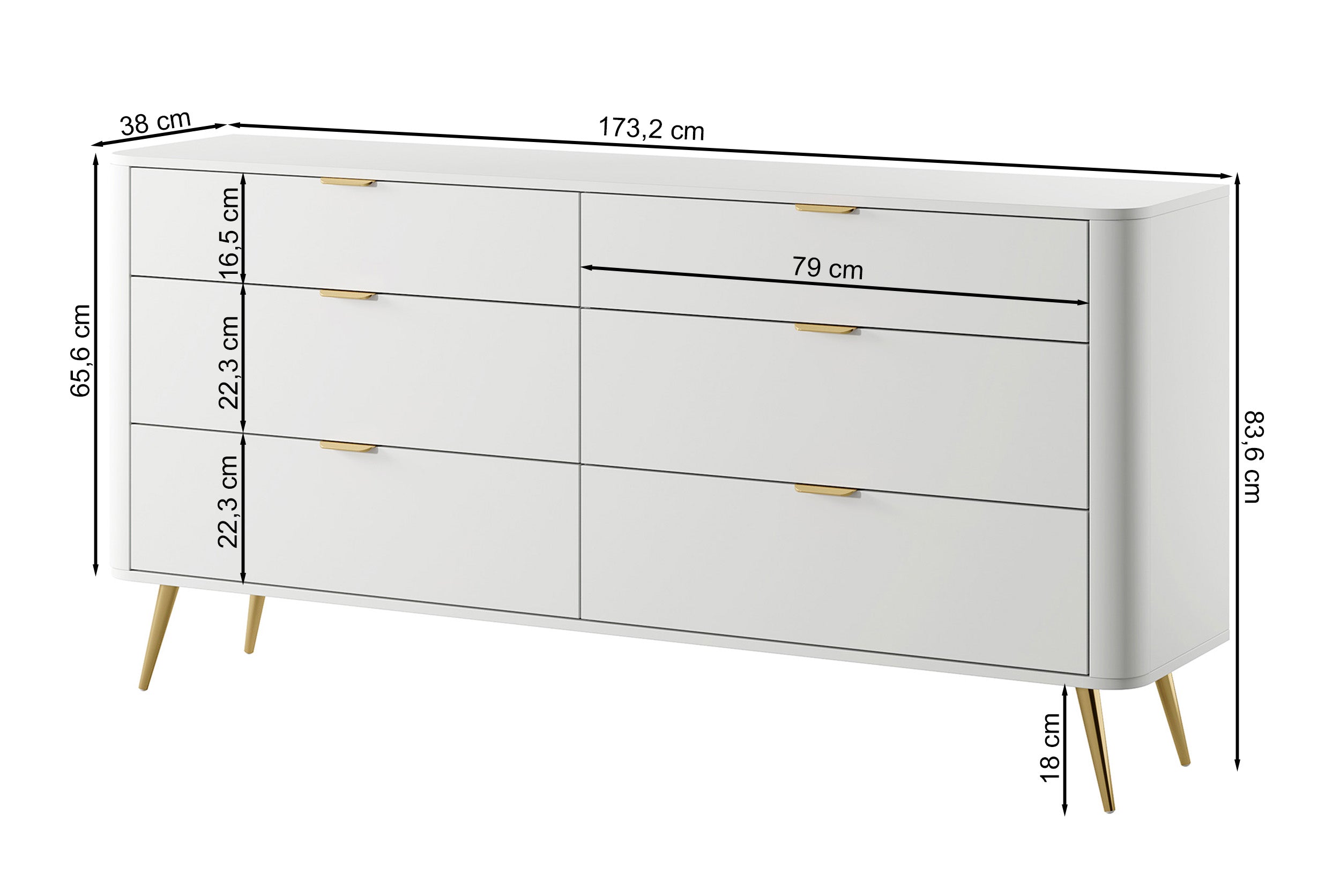 Oval-Kommode mit sechs Schubladen, 173 cm, Weiß