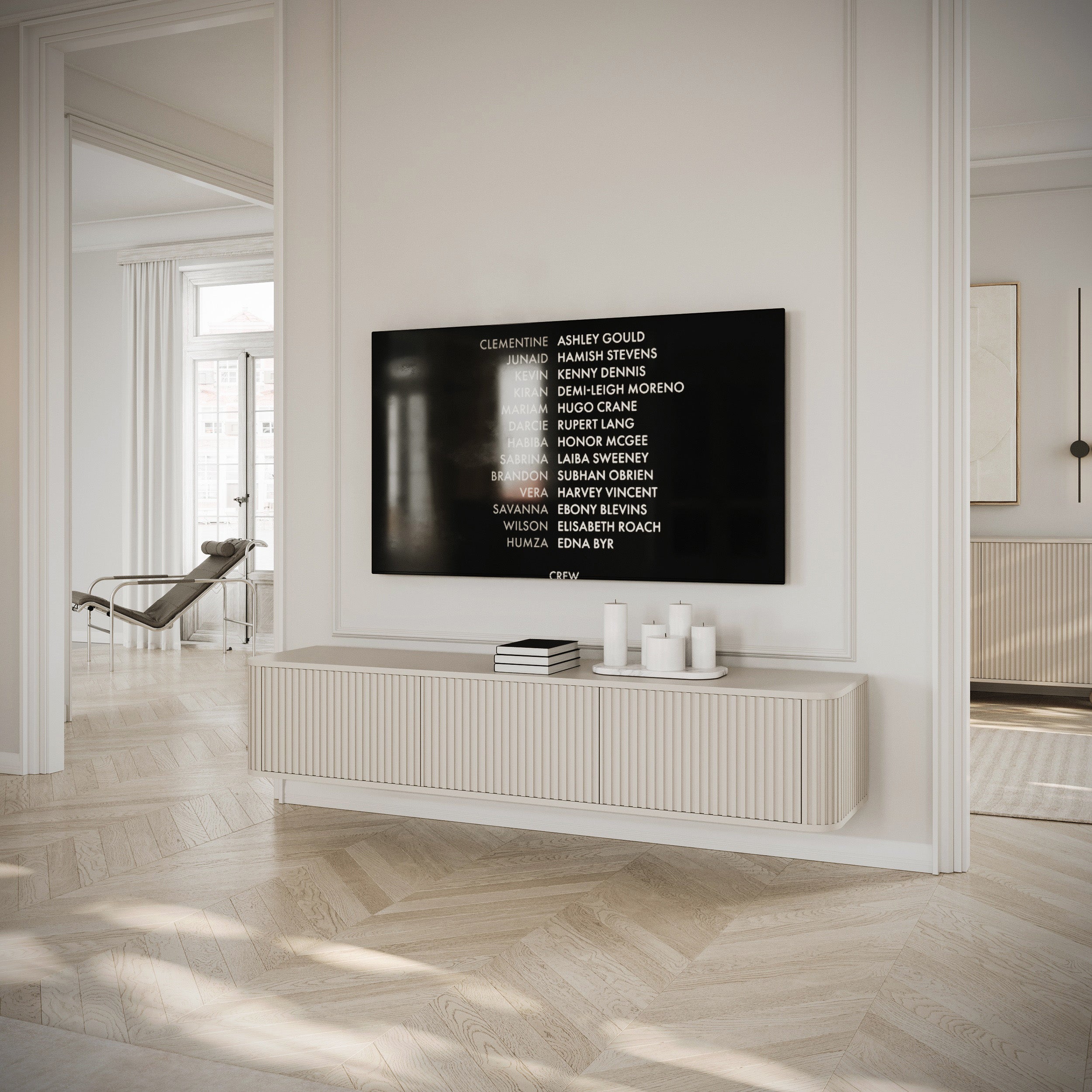 Hängender RTV-Schrank Ovarlo mit Rillen, dreitürig, 163 cm, sandbeige
