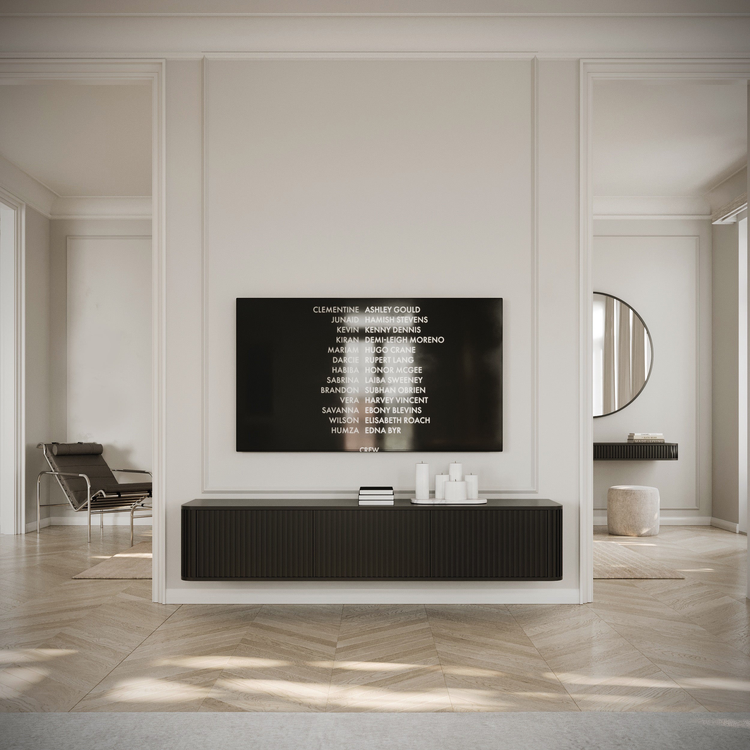 Hängender TV-Schrank Ovarlo mit Rillen, dreitürig, 163 cm, schwarz