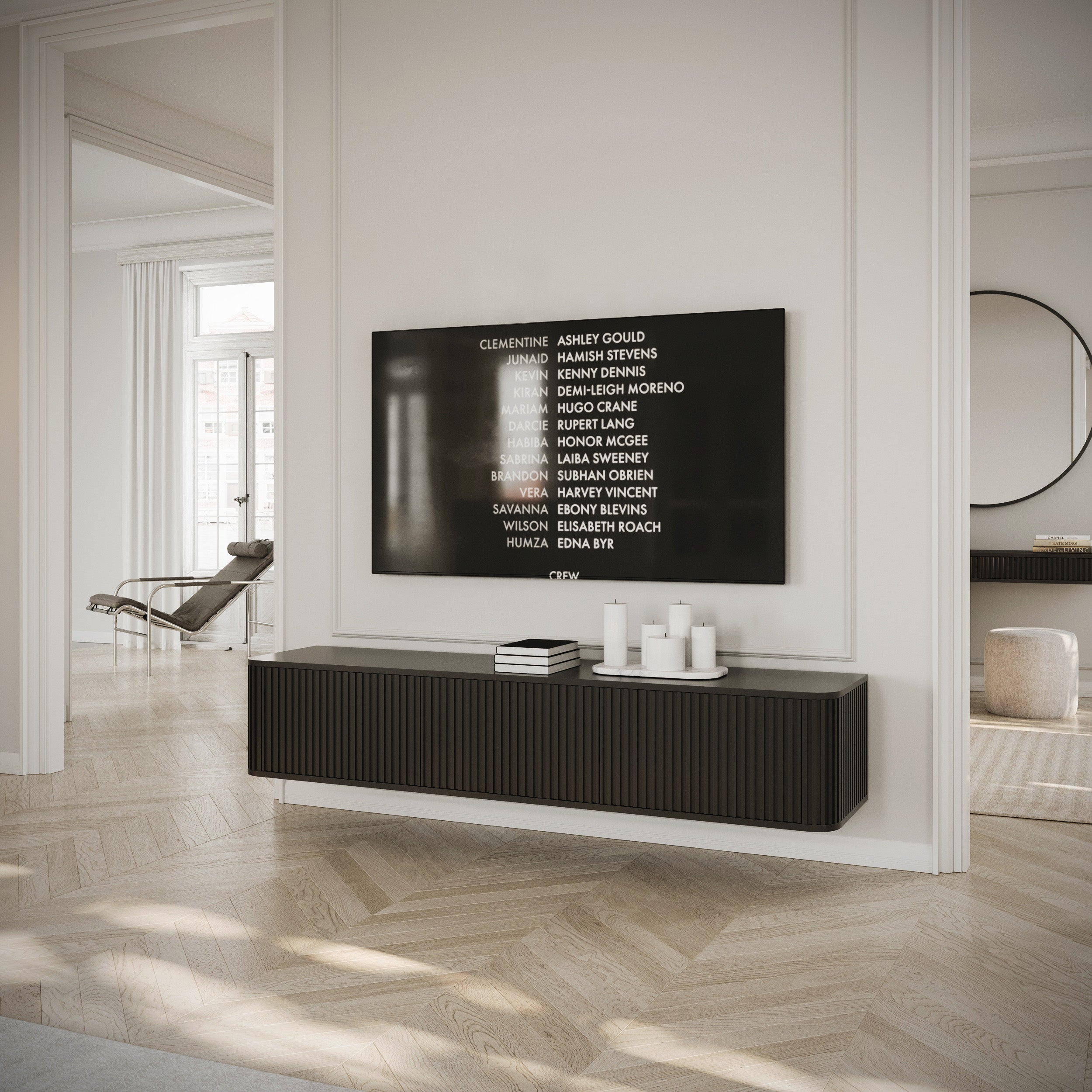 Hängender TV-Schrank Ovarlo mit Rillen, dreitürig, 163 cm, schwarz