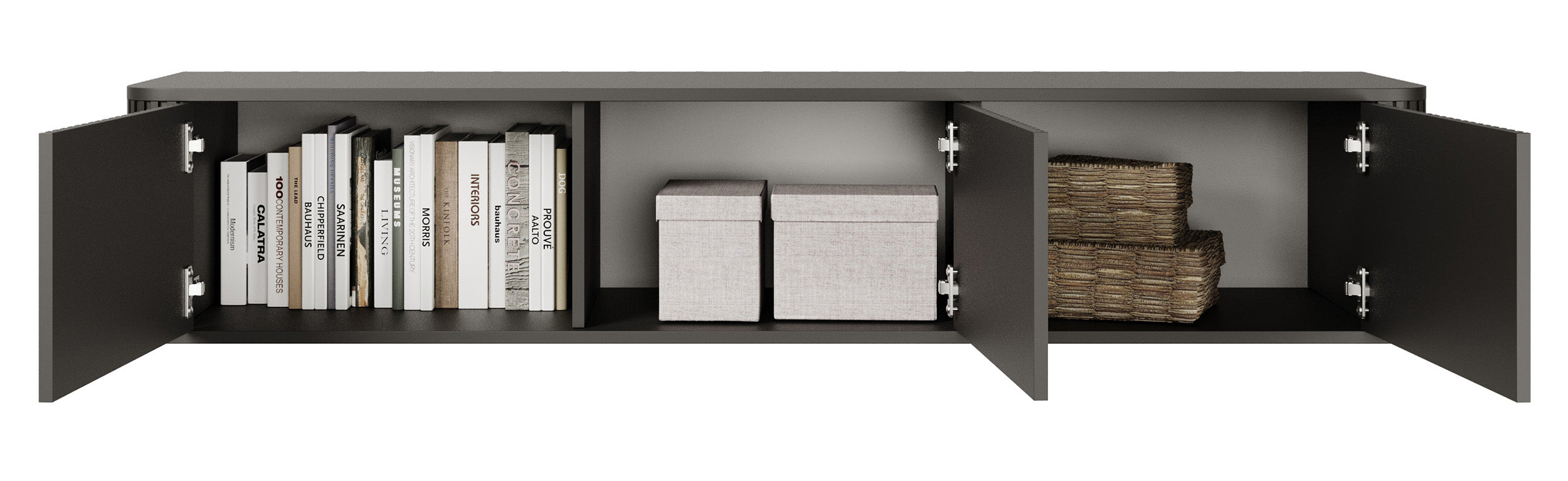 Hängender TV-Schrank Ovarlo mit Rillen, dreitürig, 163 cm, schwarz