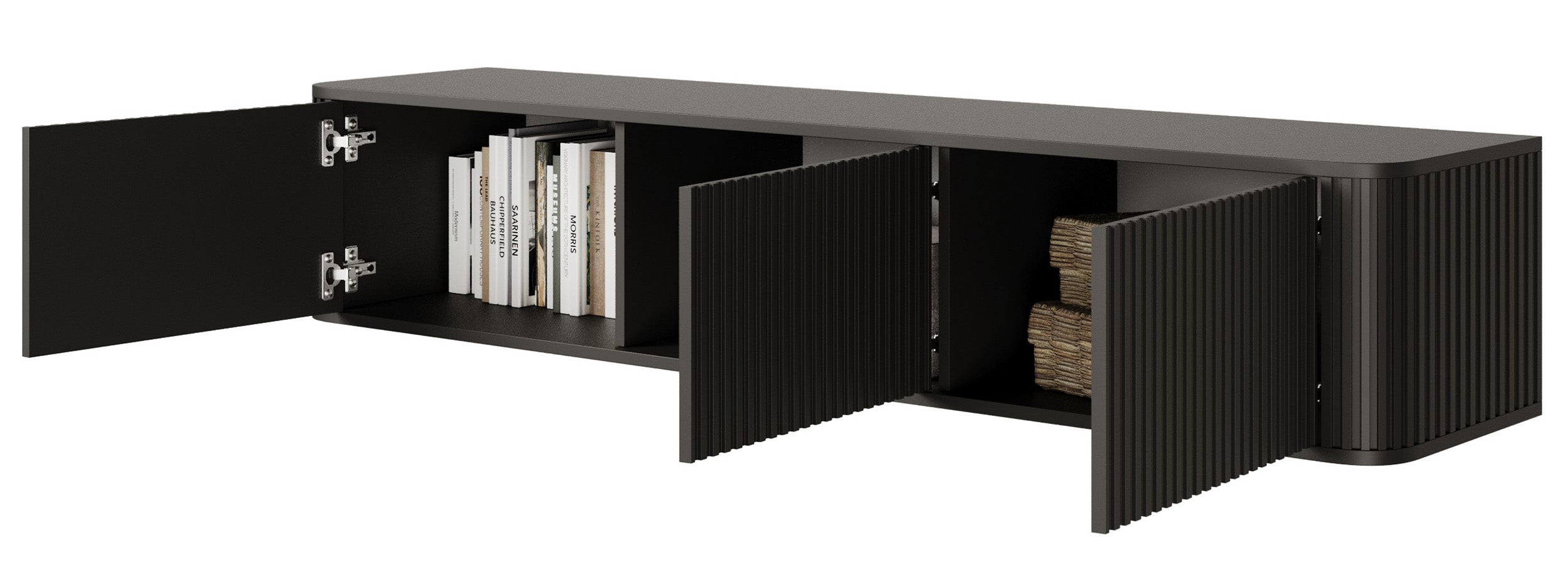 Hängender TV-Schrank Ovarlo mit Rillen, dreitürig, 163 cm, schwarz