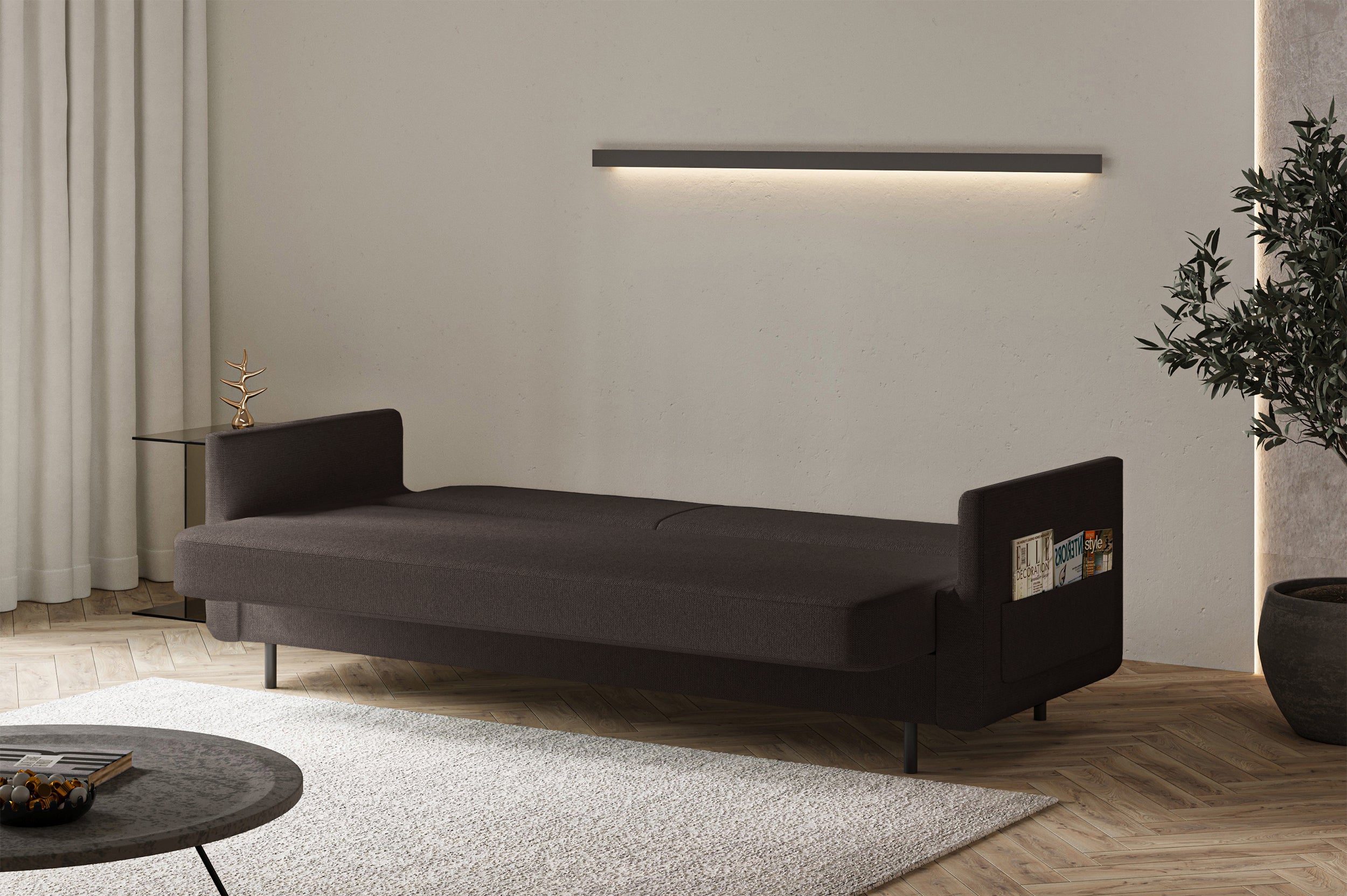 Dreisitziges ausklappbares Sofa Ovelio in braunem, hydrophobem Chenille-Stoff