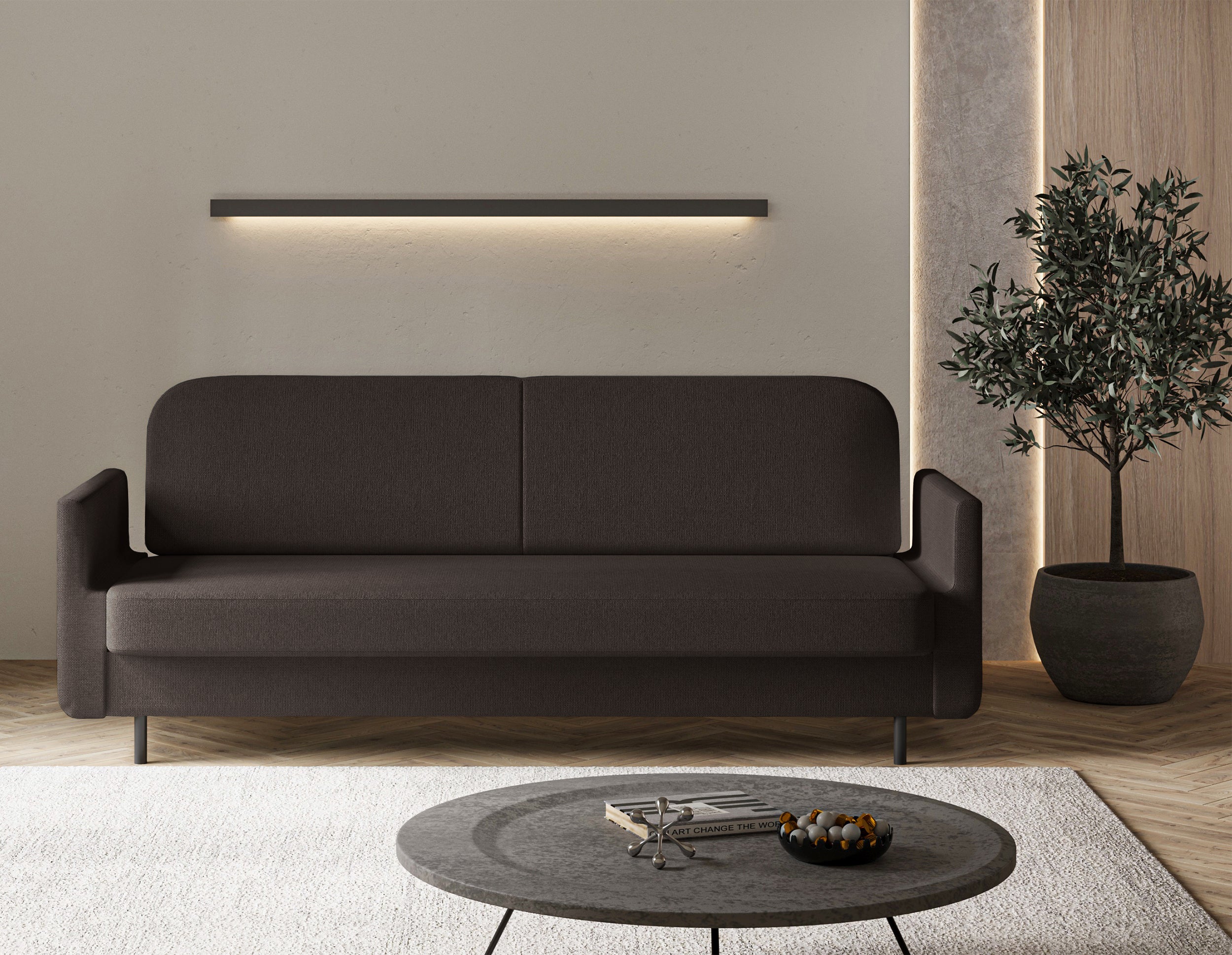Dreisitziges ausklappbares Sofa Ovelio in braunem, hydrophobem Chenille-Stoff