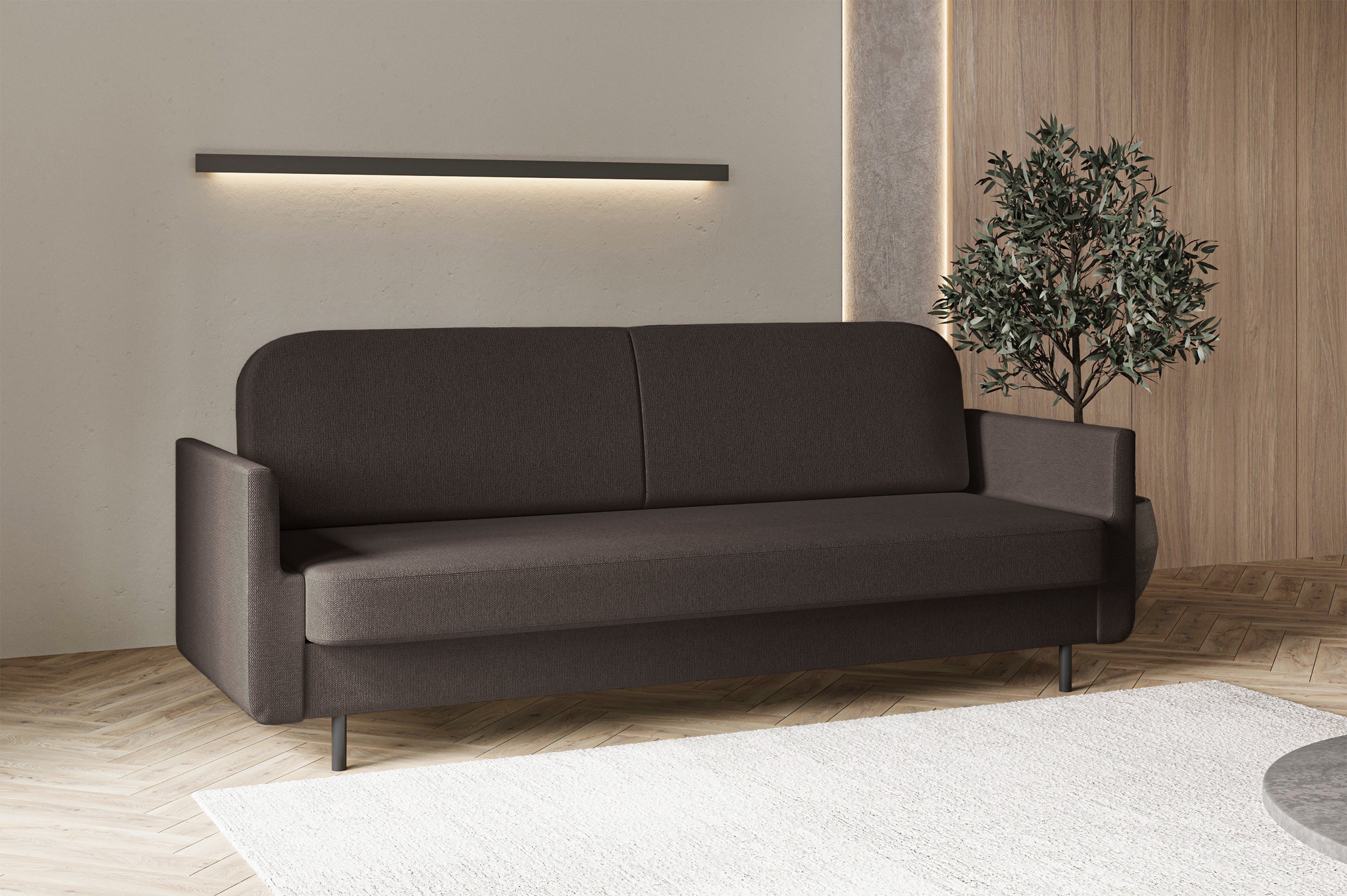 Dreisitziges ausklappbares Sofa Ovelio in braunem, hydrophobem Chenille-Stoff