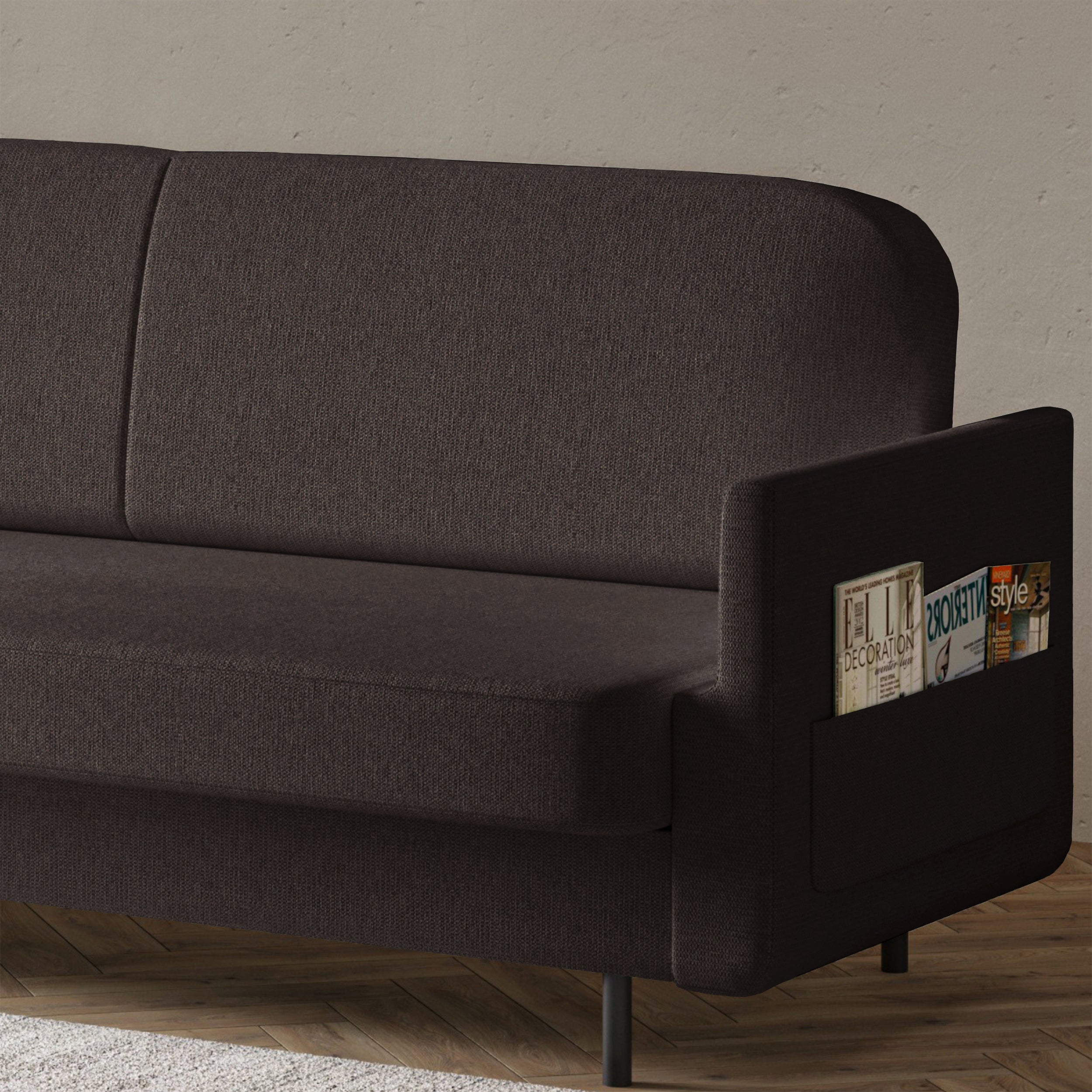 Dreisitziges ausklappbares Sofa Ovelio in braunem, hydrophobem Chenille-Stoff