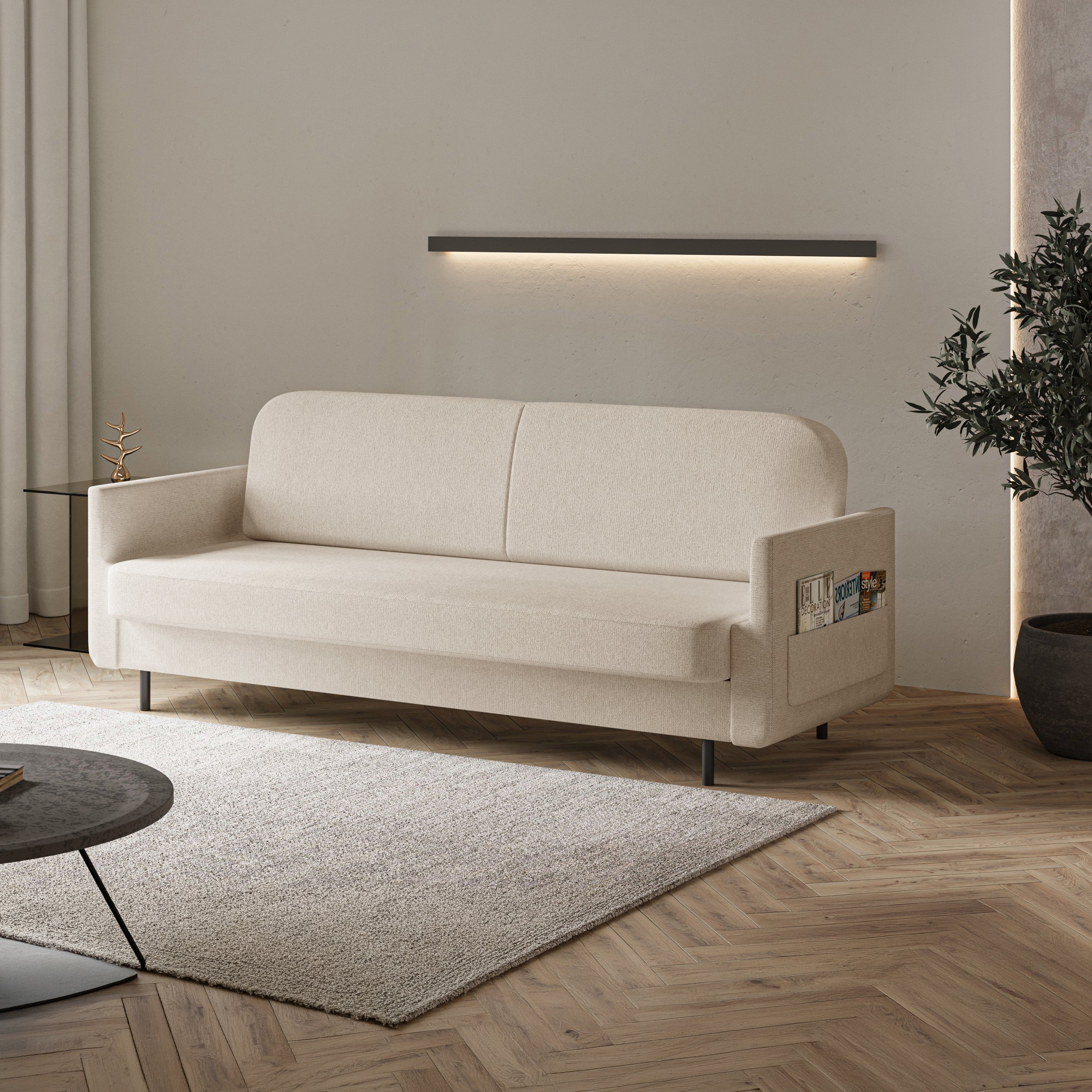 Dreisitziges ausklappbares Sofa Ovelio in hellbeige, hydrophobes Chenille-Gewebe