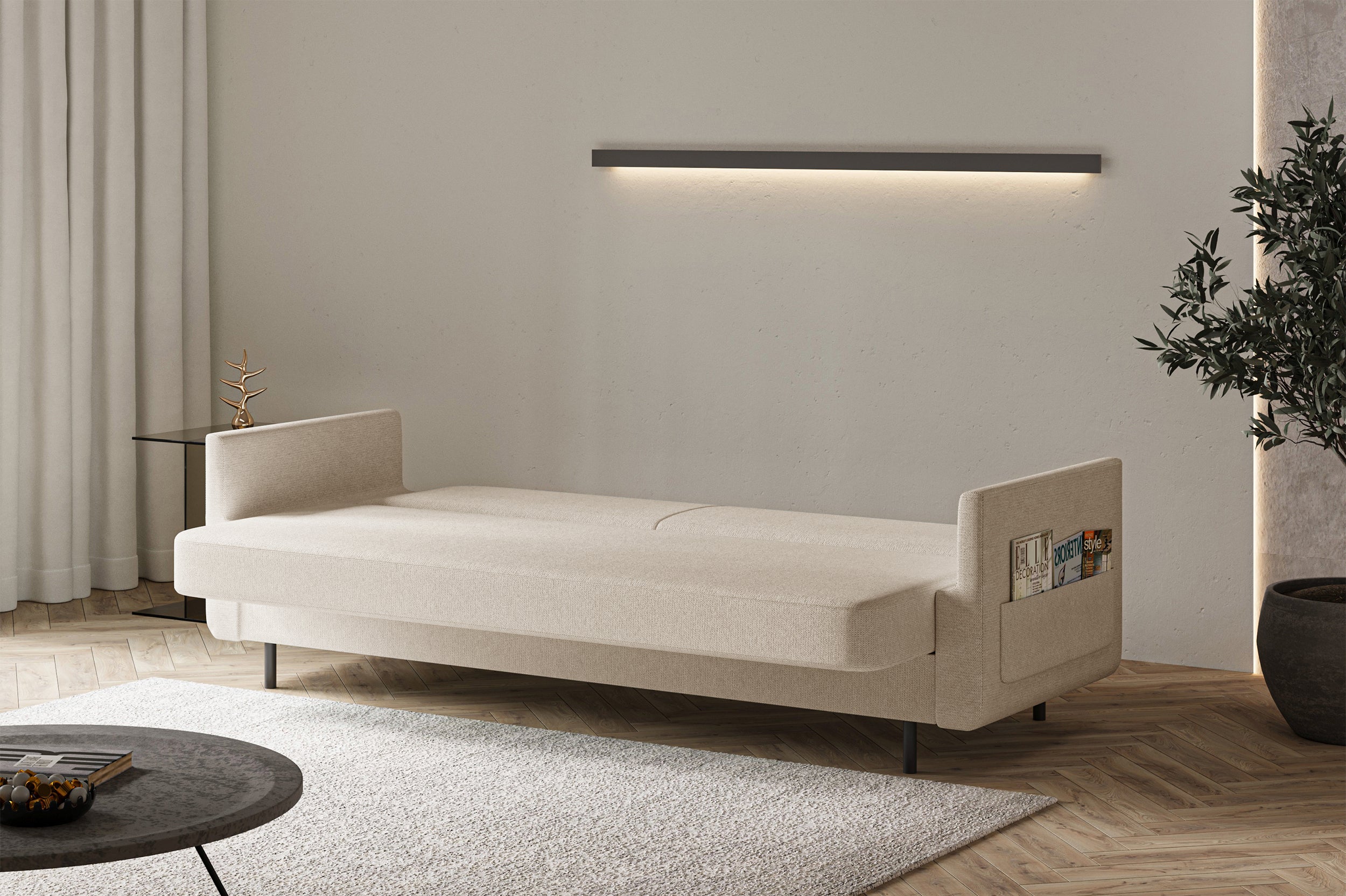 Dreisitziges ausklappbares Sofa Ovelio in hellbeige, hydrophobes Chenille-Gewebe