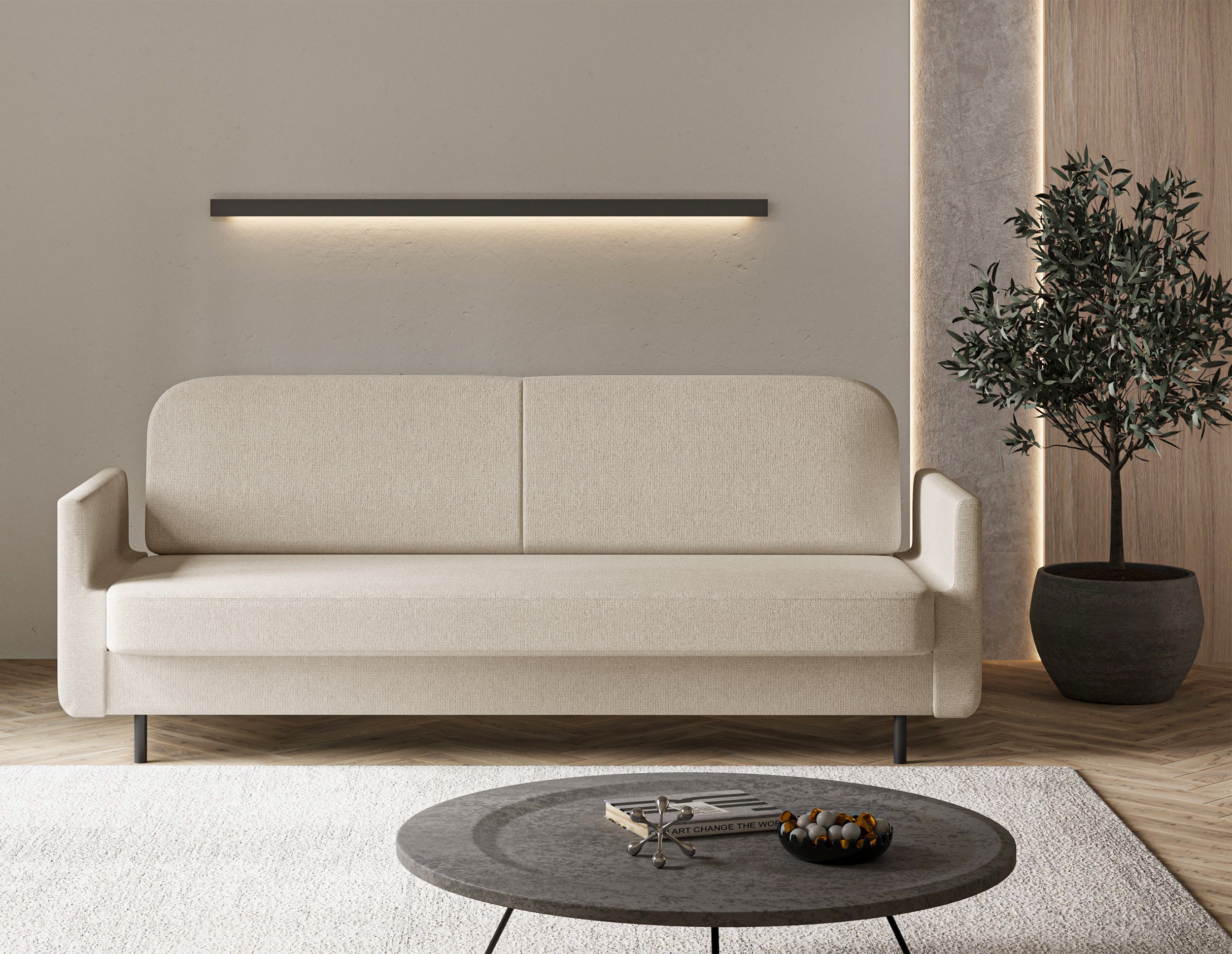 Dreisitziges ausklappbares Sofa Ovelio in hellbeige, hydrophobes Chenille-Gewebe