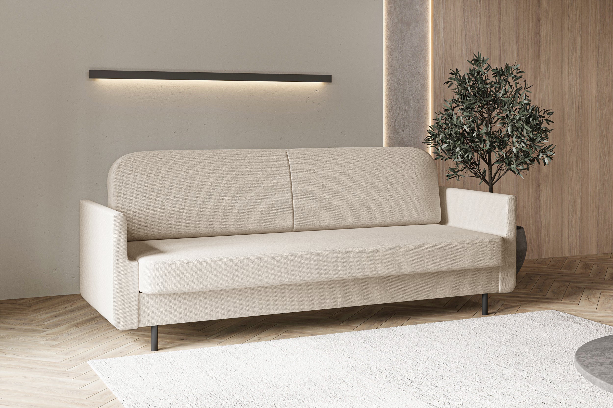Dreisitziges ausklappbares Sofa Ovelio in hellbeige, hydrophobes Chenille-Gewebe