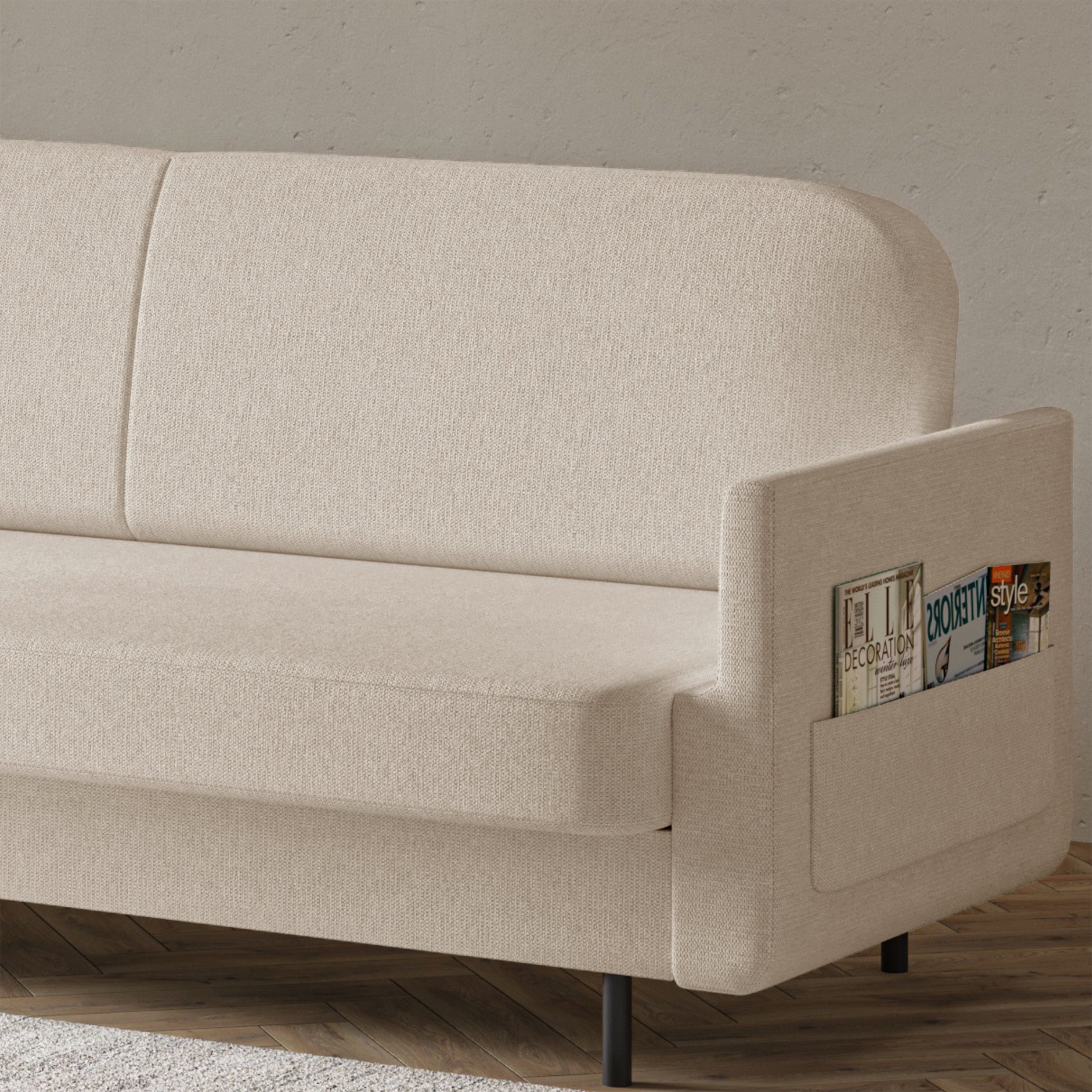 Dreisitziges ausklappbares Sofa Ovelio in hellbeige, hydrophobes Chenille-Gewebe