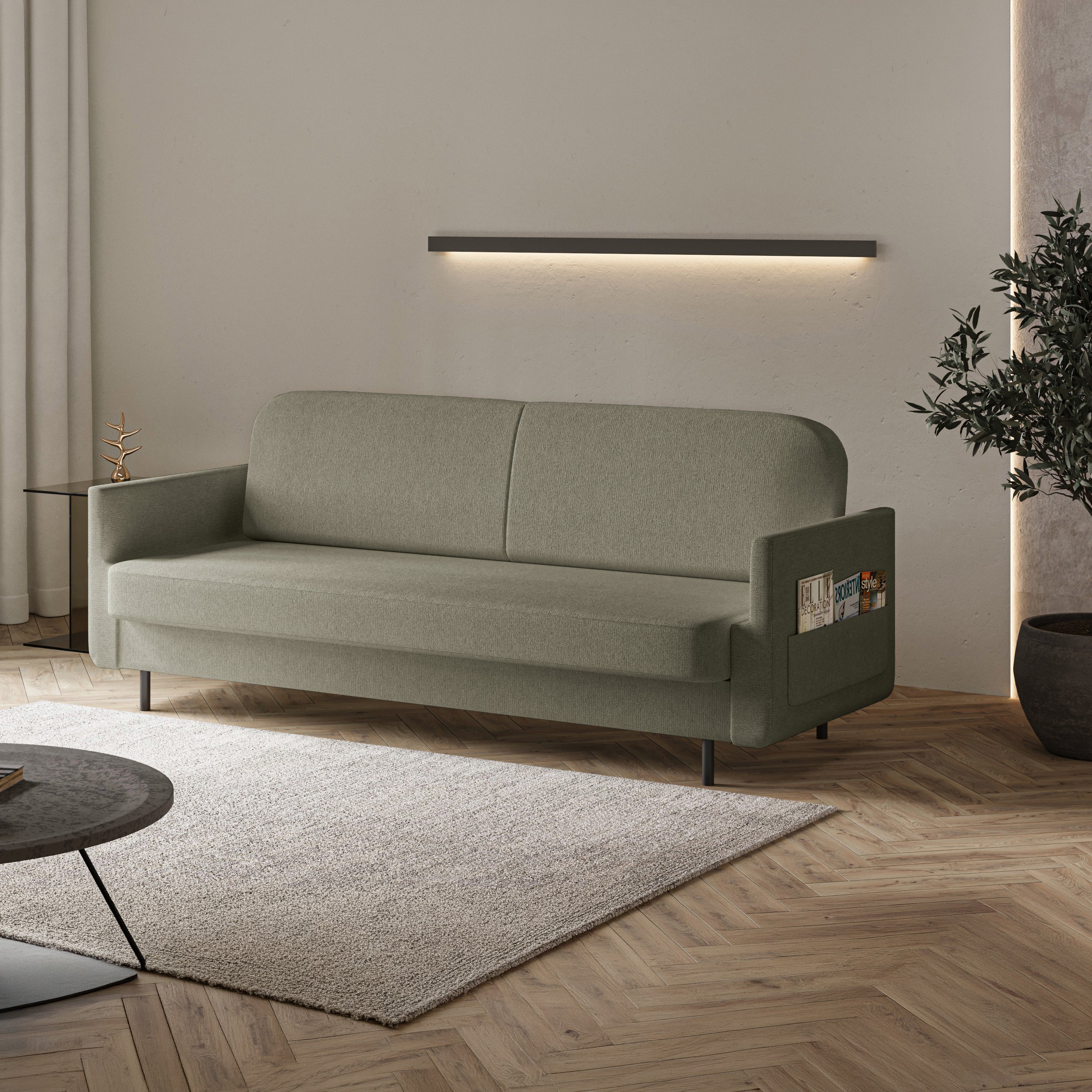 Dreisitziges ausklappbares Sofa Ovelio in Salbeigrün, hydrophober Chenille-Stoff