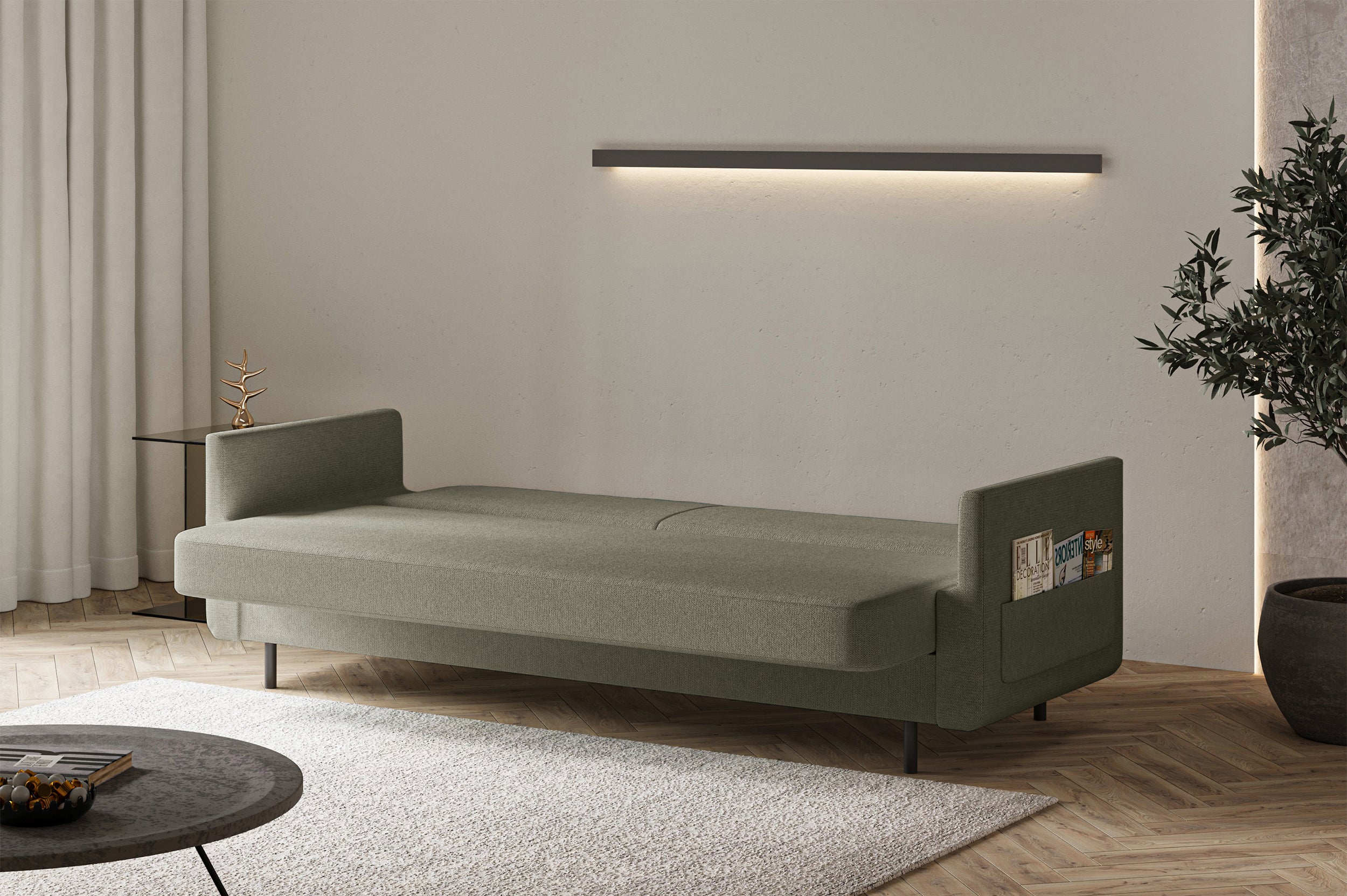 Dreisitziges ausklappbares Sofa Ovelio in Salbeigrün, hydrophober Chenille-Stoff