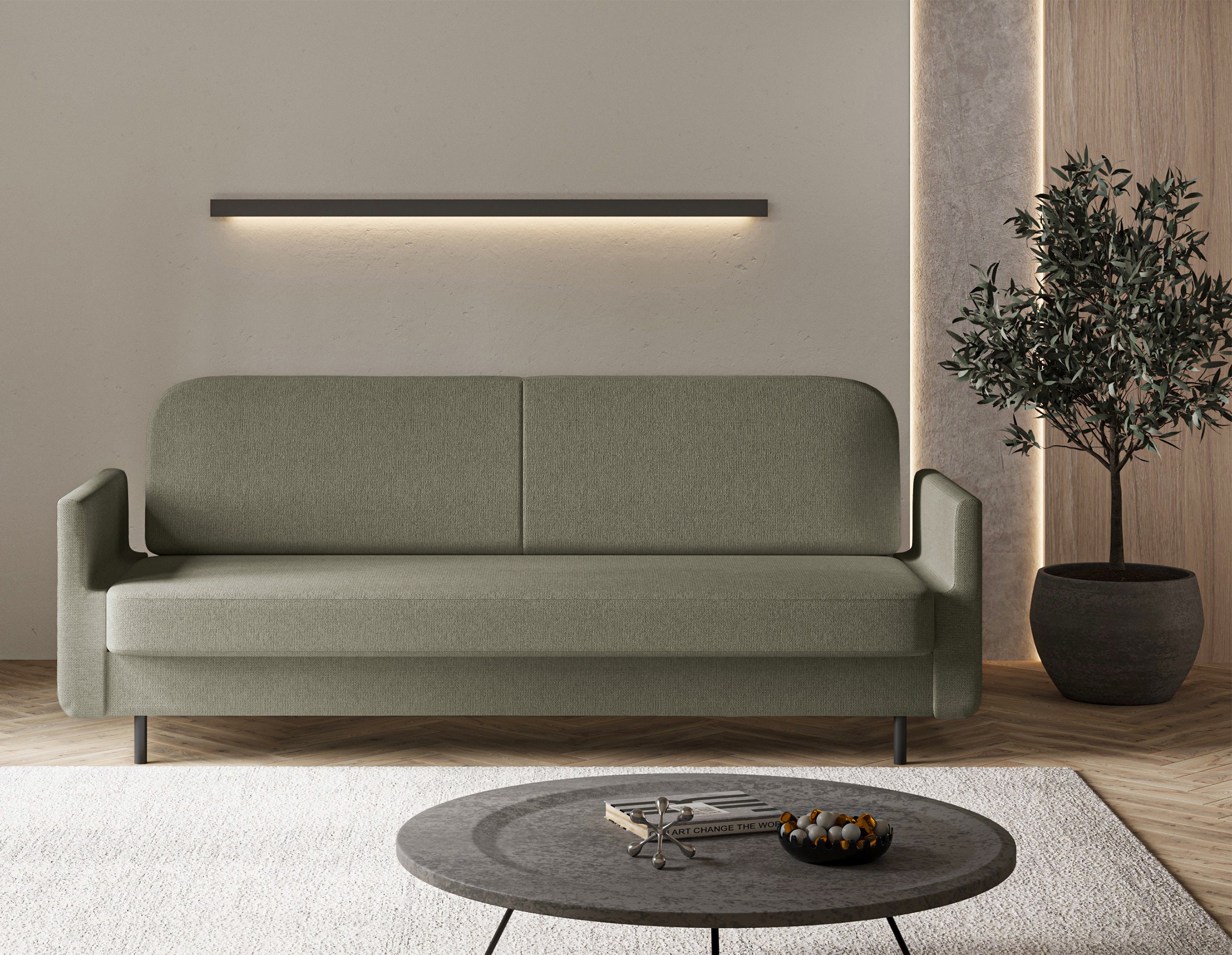 Dreisitziges ausklappbares Sofa Ovelio in Salbeigrün, hydrophober Chenille-Stoff