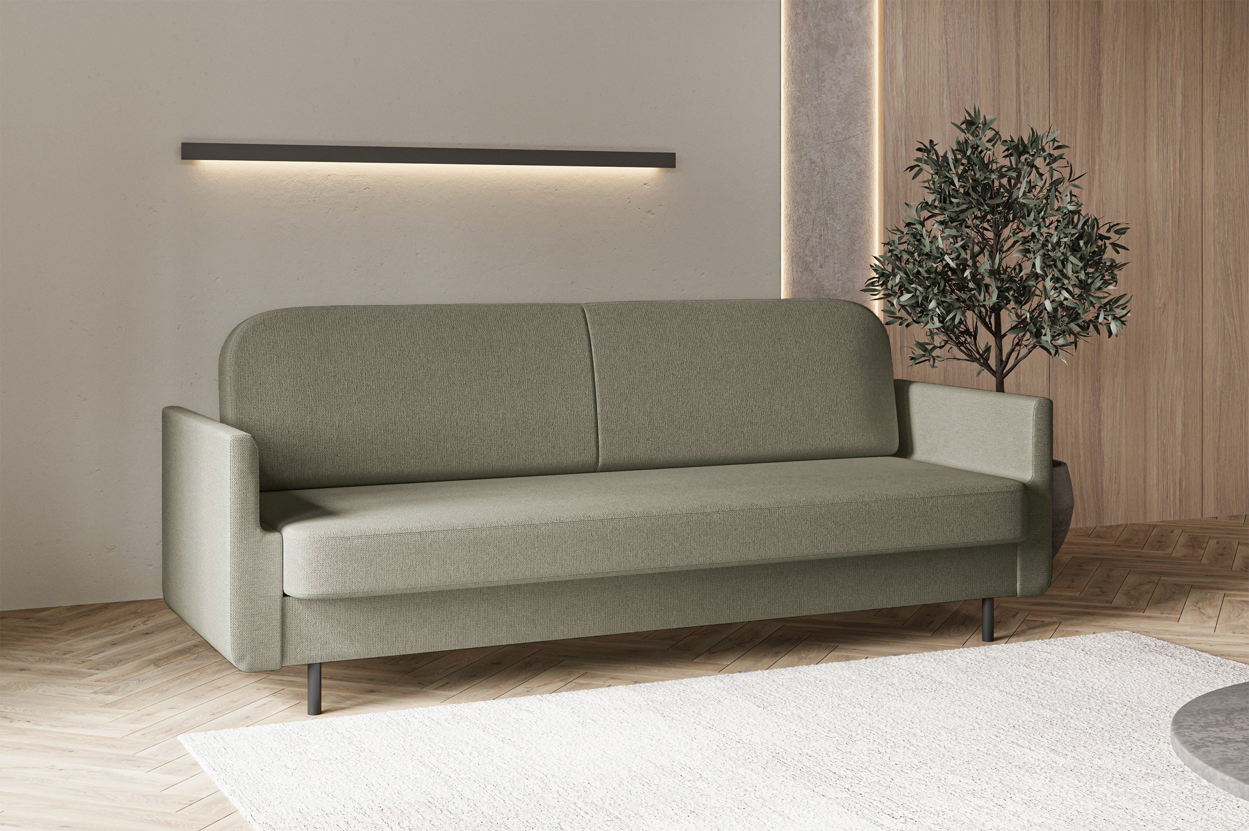 Dreisitziges ausklappbares Sofa Ovelio in Salbeigrün, hydrophober Chenille-Stoff