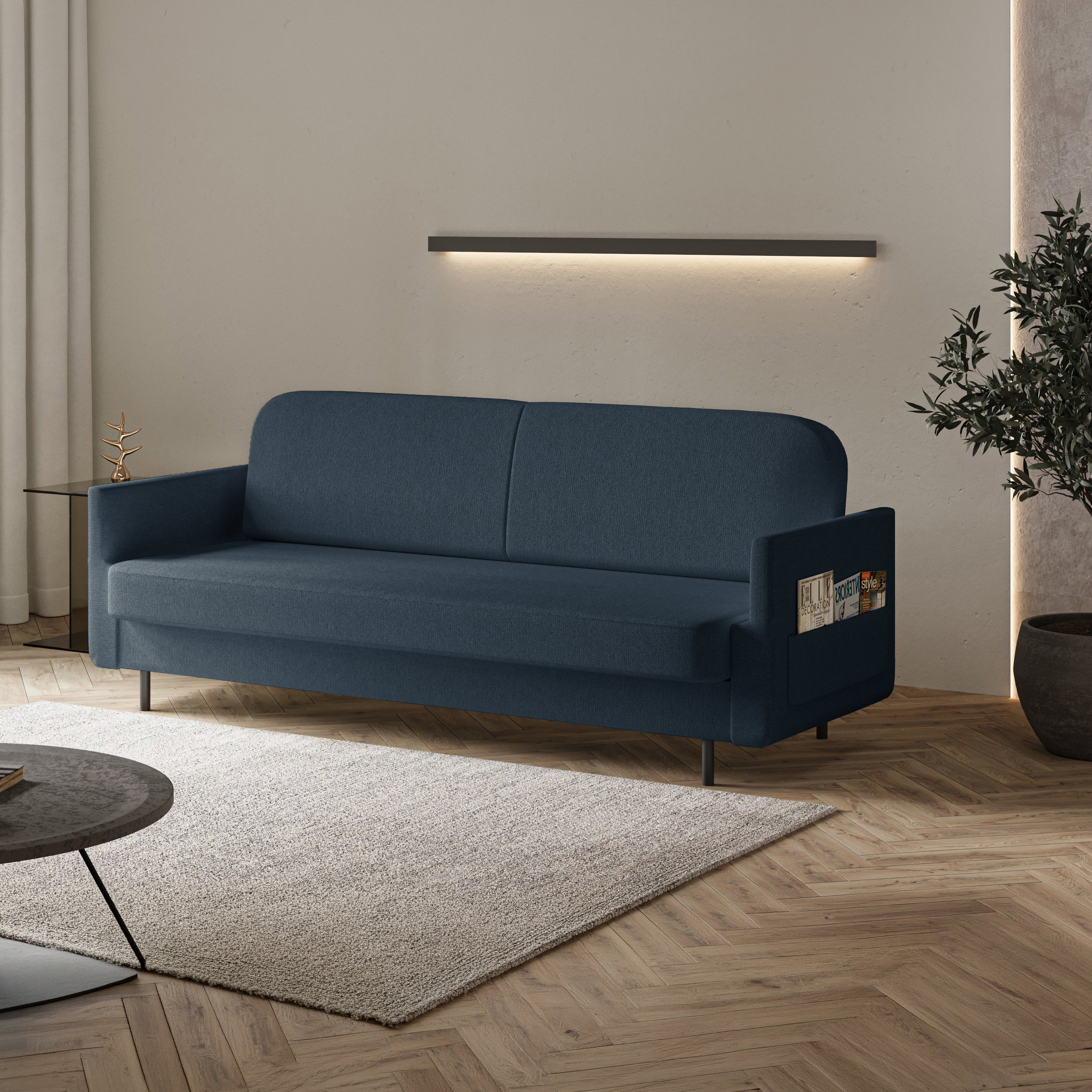 Dreisitziges ausklappbares Sofa Ovelio, marineblauer Chenille-Stoff, wasserabweisend