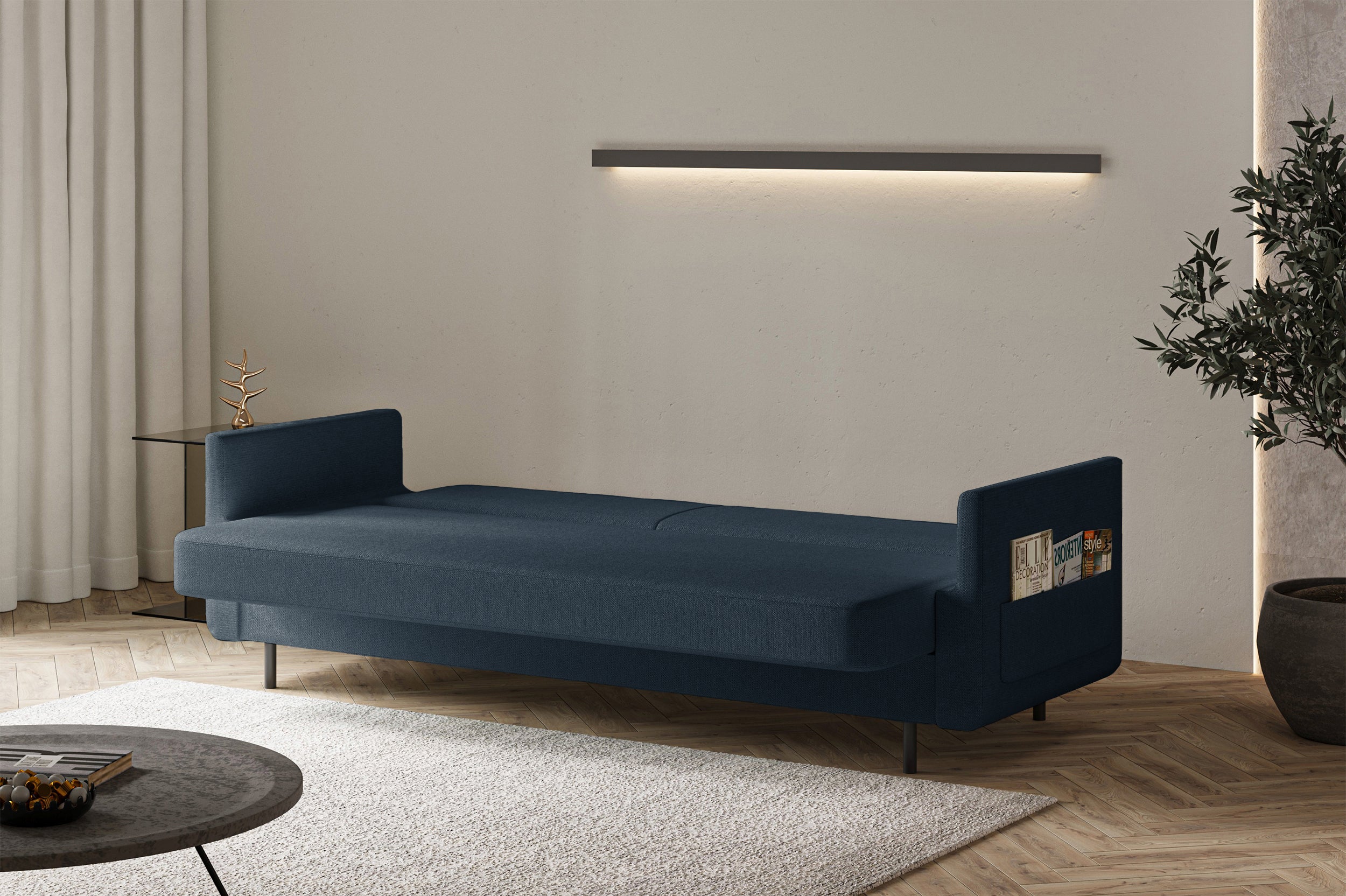 Dreisitziges ausklappbares Sofa Ovelio, marineblauer Chenille-Stoff, wasserabweisend