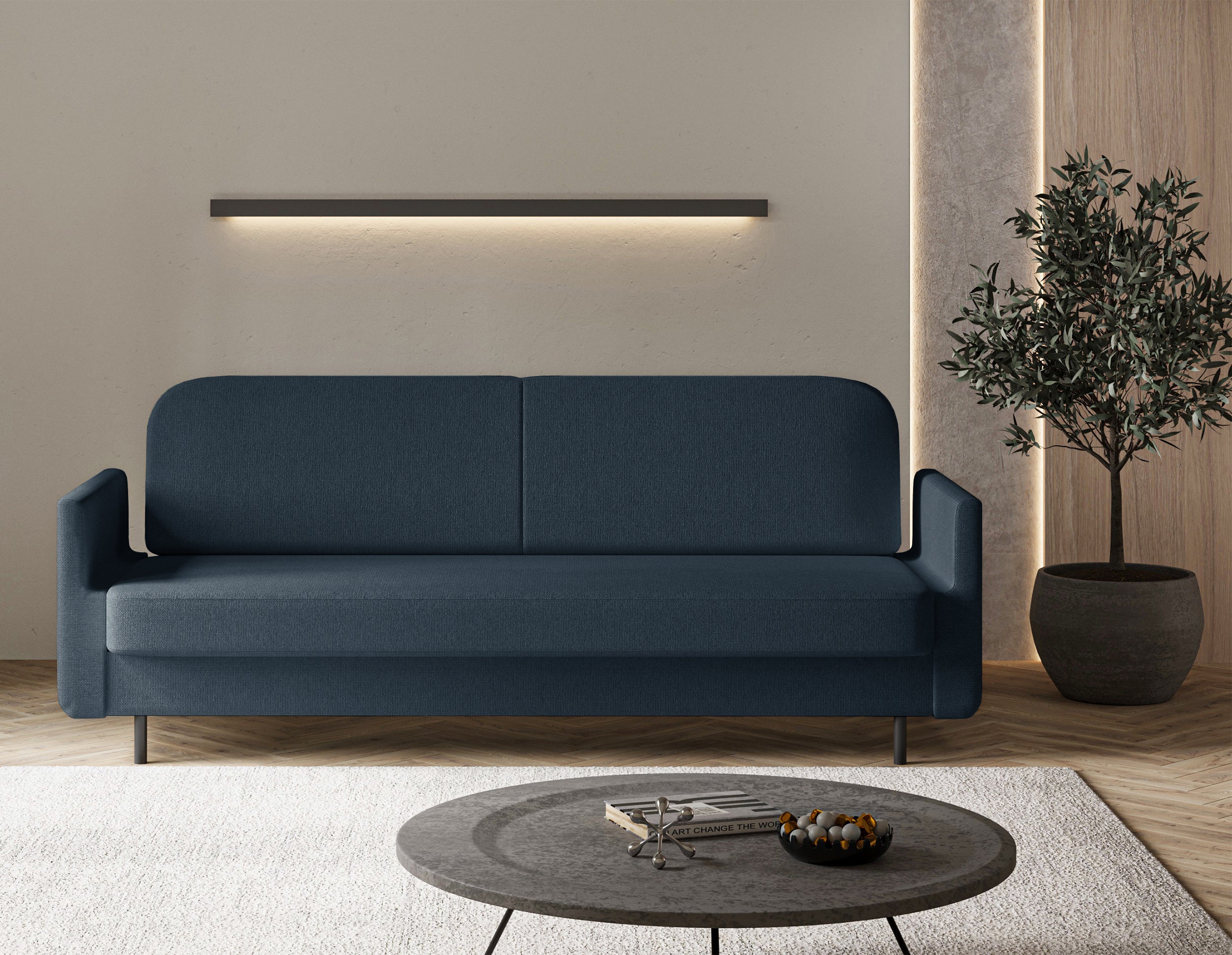 Dreisitziges ausklappbares Sofa Ovelio, marineblauer Chenille-Stoff, wasserabweisend