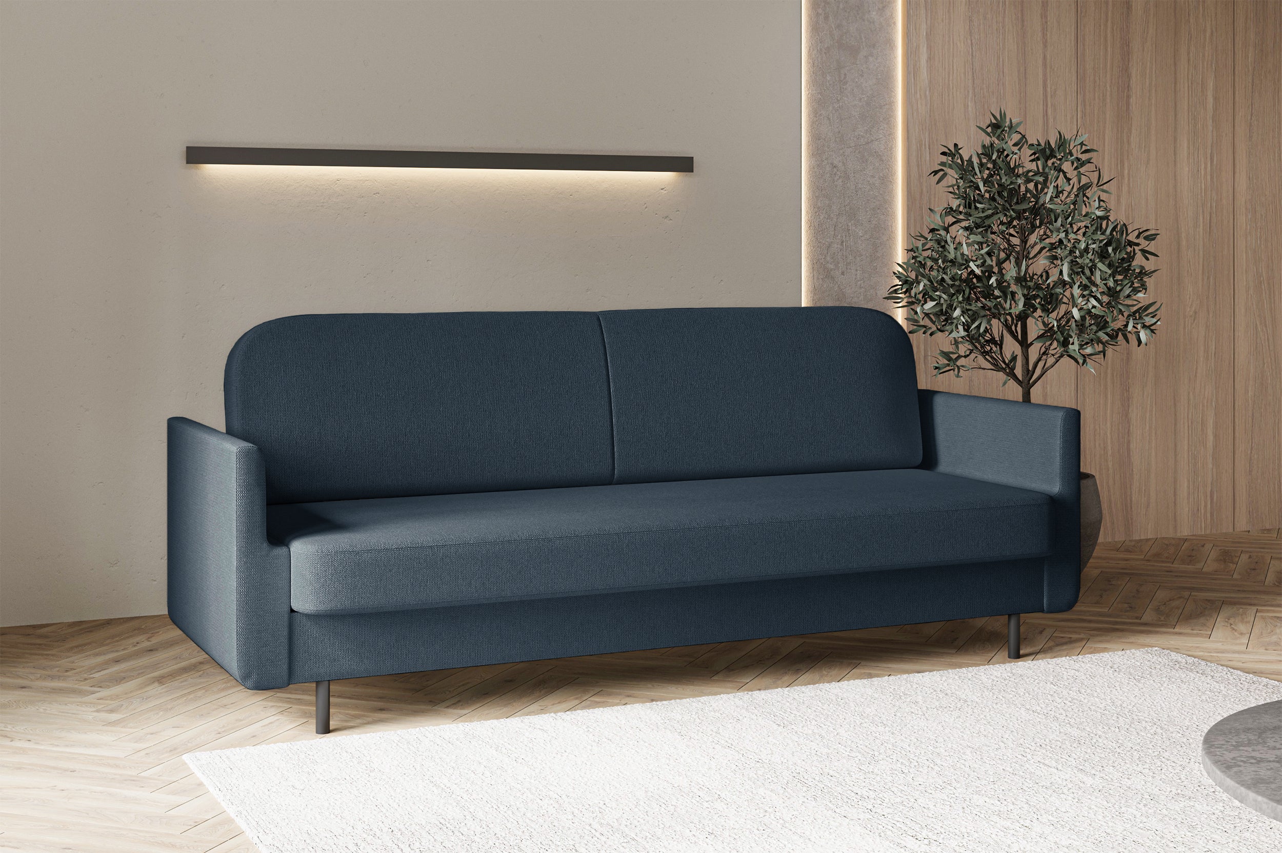 Dreisitziges ausklappbares Sofa Ovelio, marineblauer Chenille-Stoff, wasserabweisend