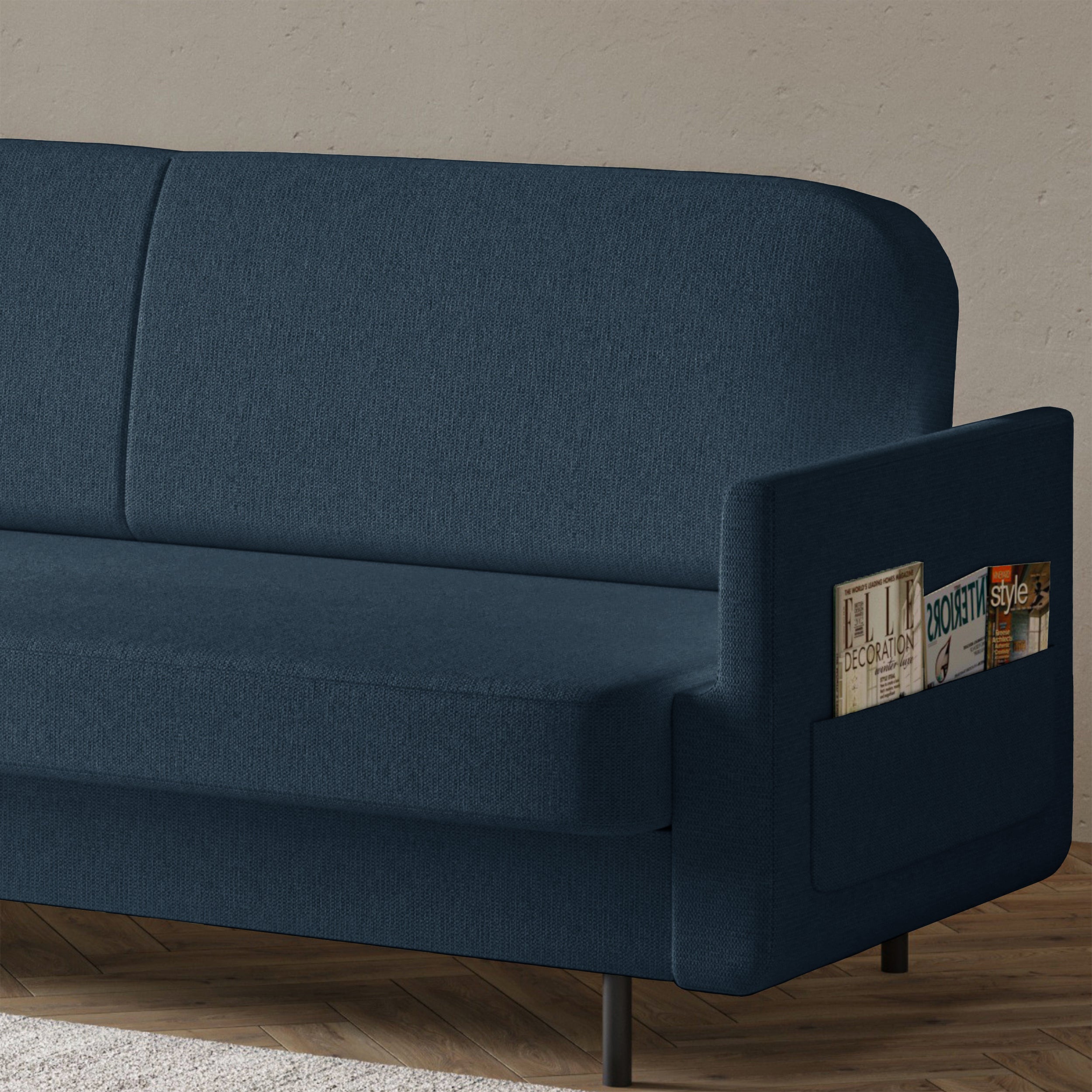 Dreisitziges ausklappbares Sofa Ovelio, marineblauer Chenille-Stoff, wasserabweisend