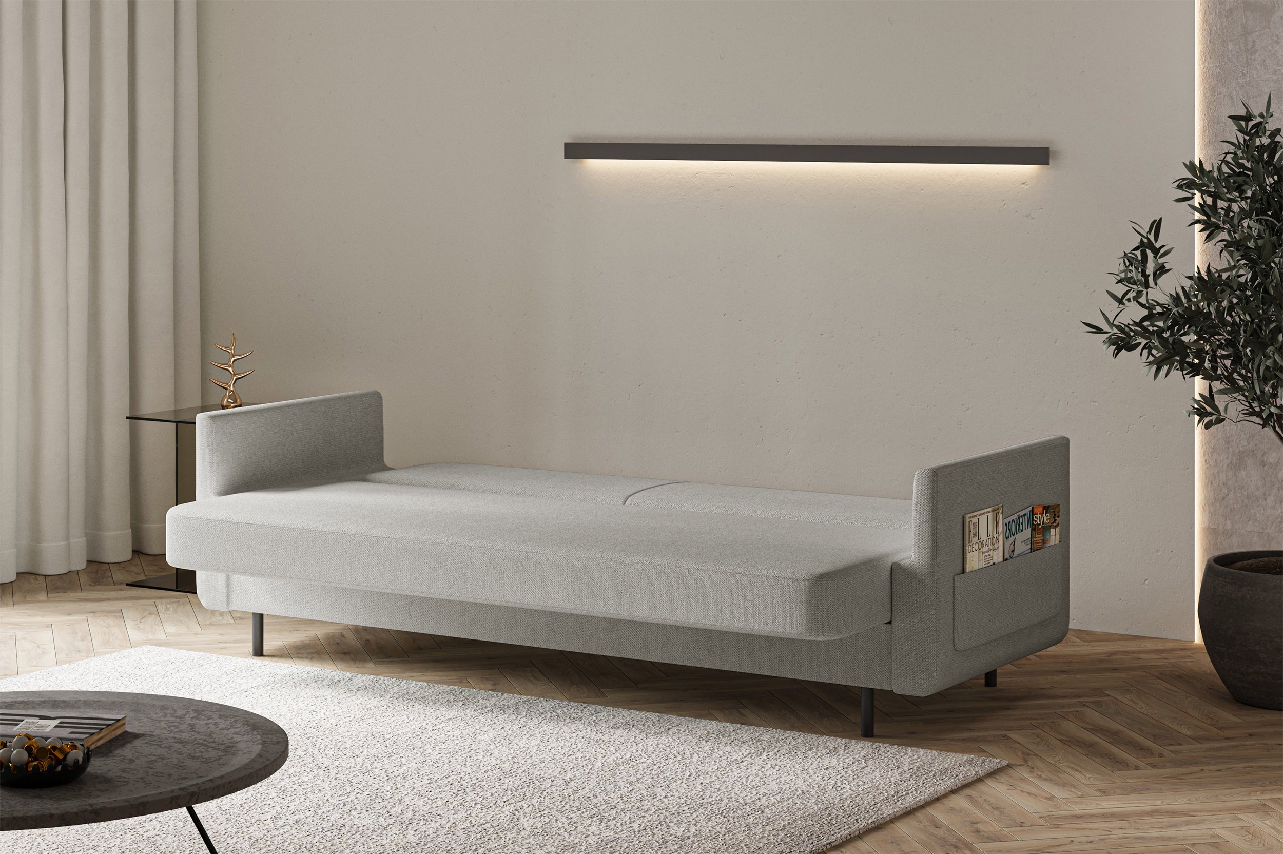 Dreisitziges ausklappbares Sofa Ovelio in hellgrauem, hydrophobem Chenille-Stoff