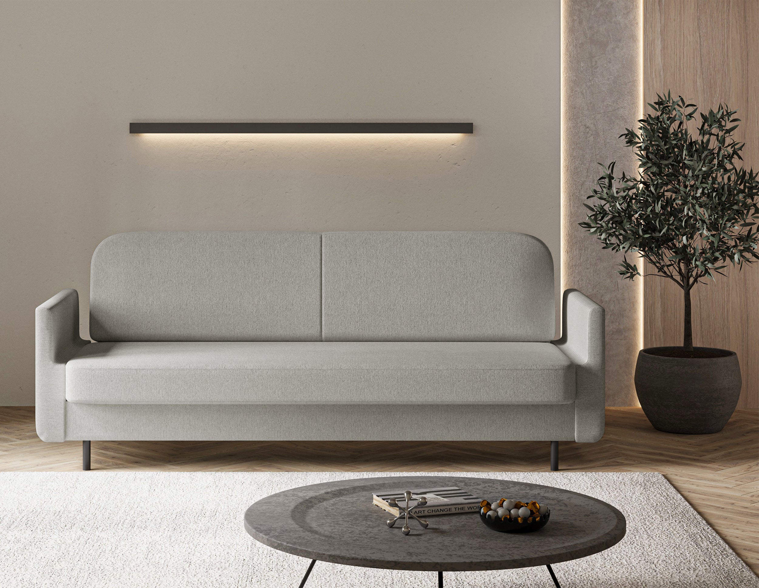 Dreisitziges ausklappbares Sofa Ovelio in hellgrauem, hydrophobem Chenille-Stoff