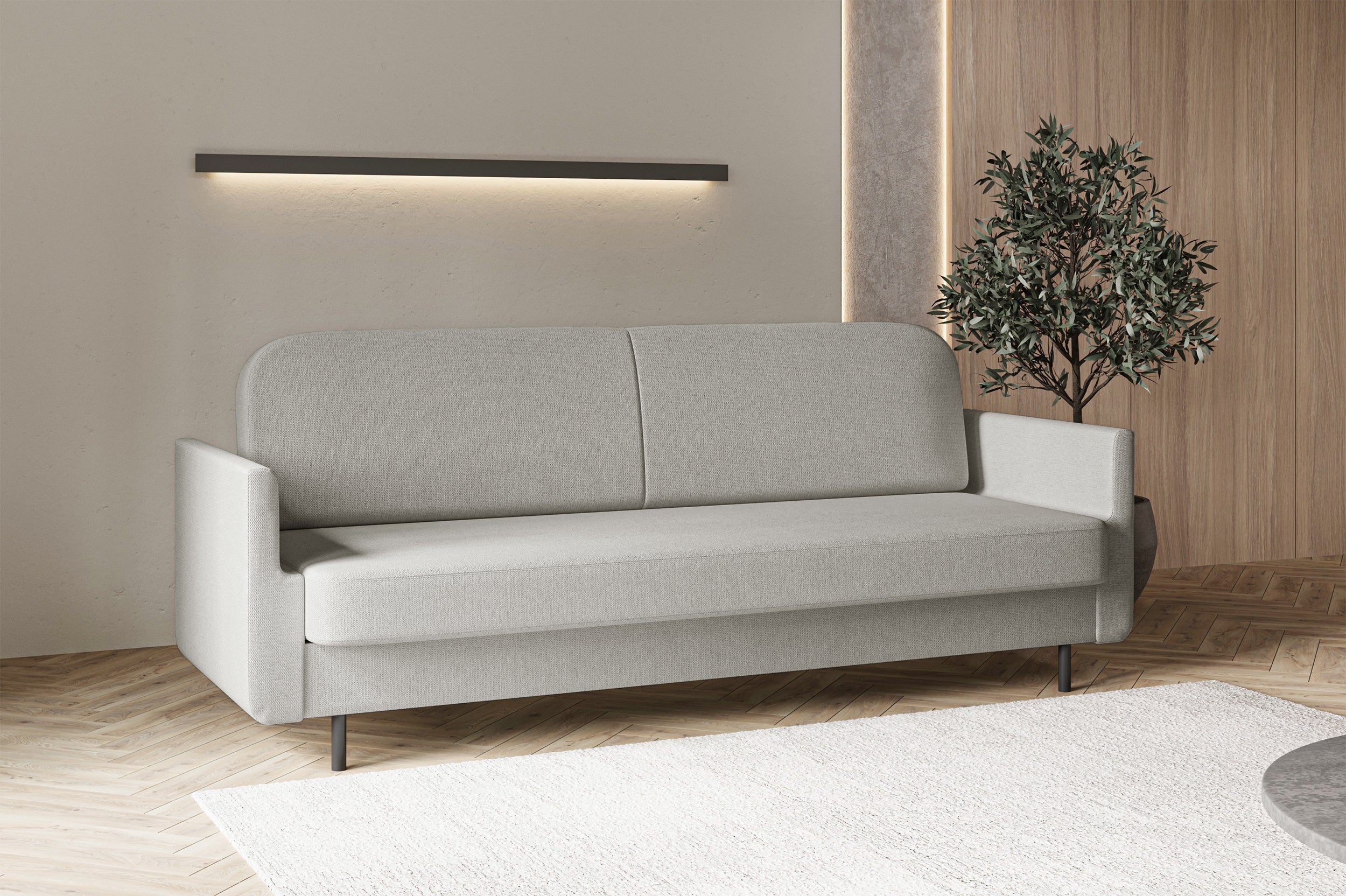 Dreisitziges ausklappbares Sofa Ovelio in hellgrauem, hydrophobem Chenille-Stoff
