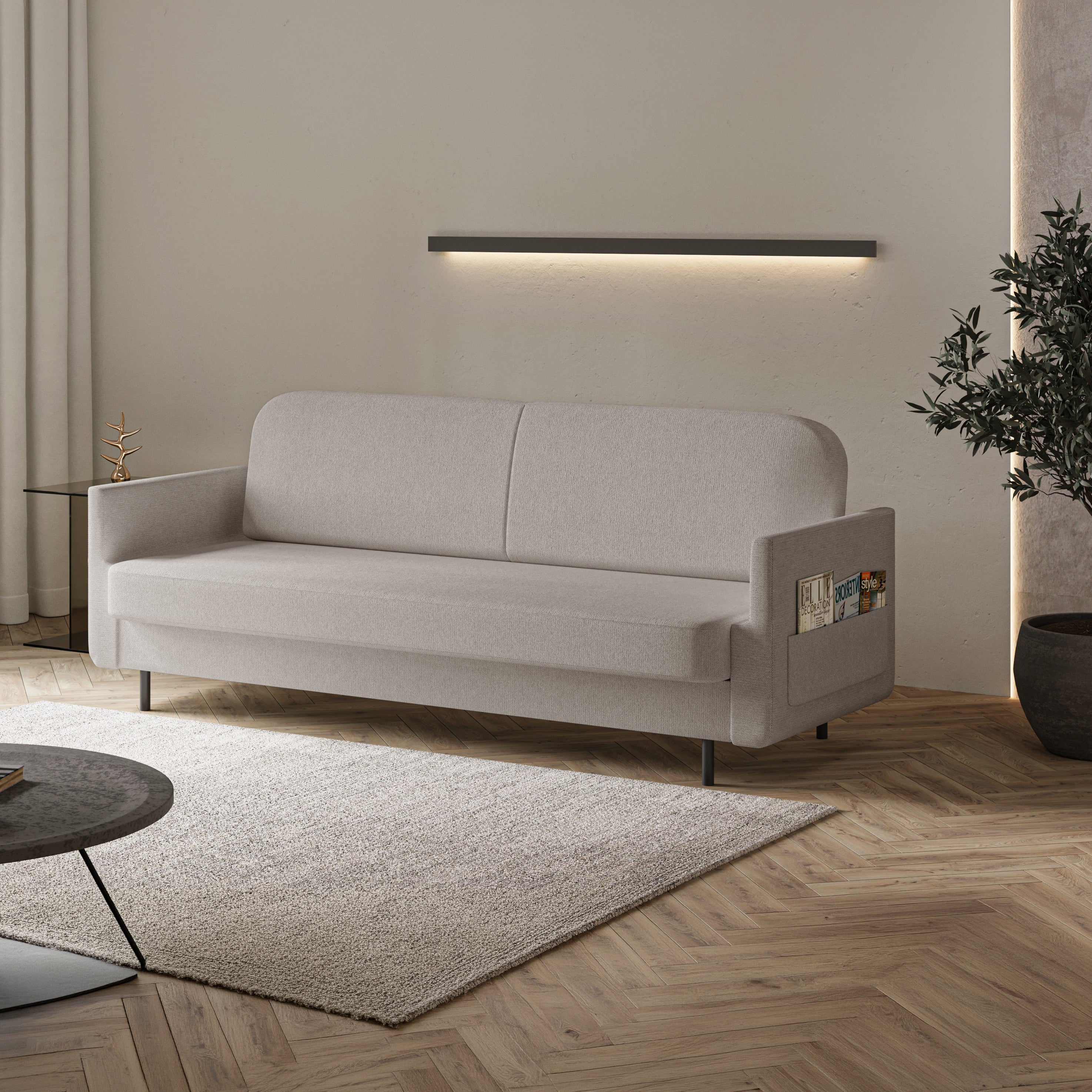 Dreisitziges ausklappbares Sofa Ovelio in grau-beige, hydrophober Chenille-Stoff