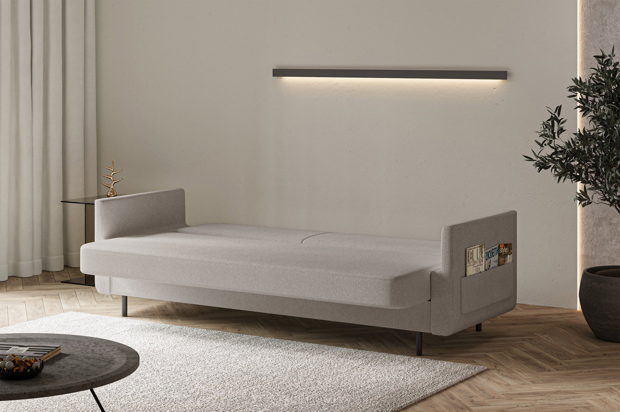 Dreisitziges ausklappbares Sofa Ovelio in grau-beige, hydrophober Chenille-Stoff