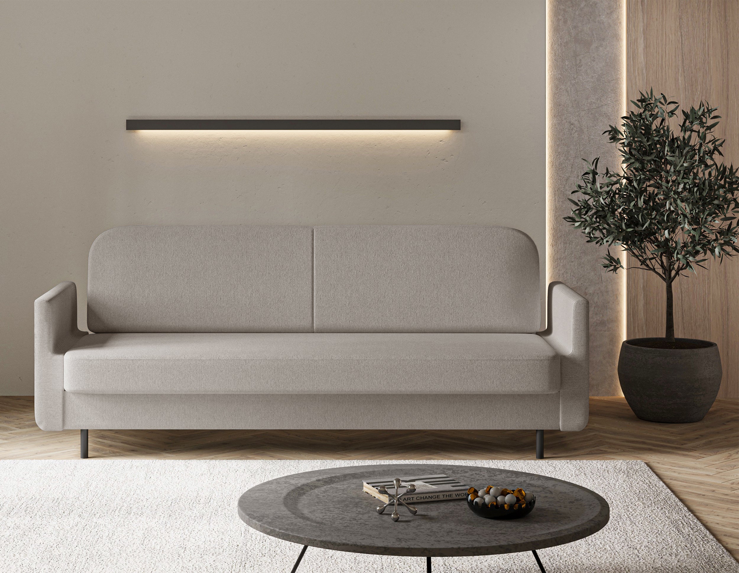 Dreisitziges ausklappbares Sofa Ovelio in grau-beige, hydrophober Chenille-Stoff