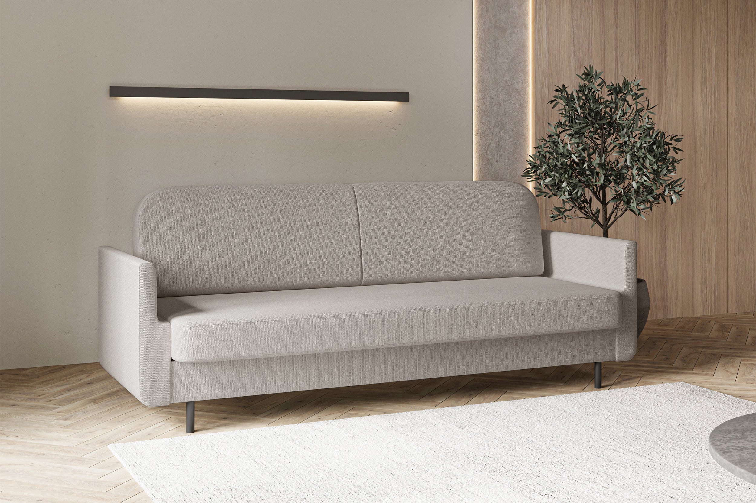 Dreisitziges ausklappbares Sofa Ovelio in grau-beige, hydrophober Chenille-Stoff