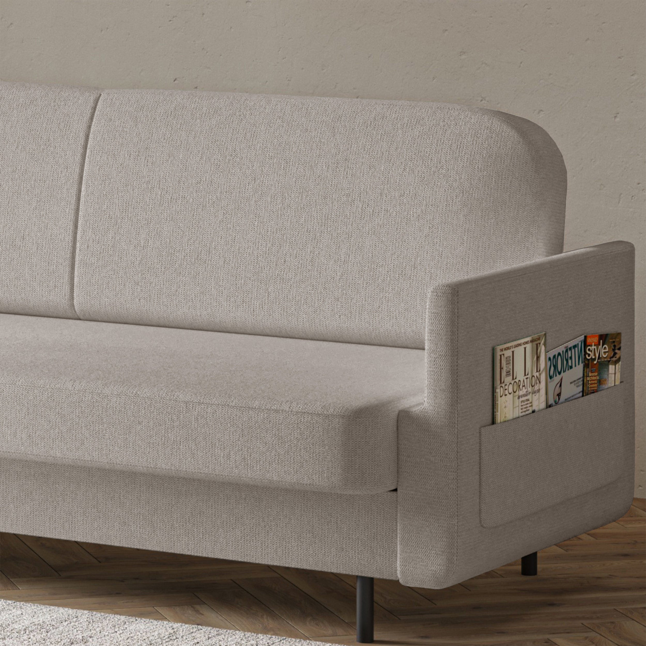 Dreisitziges ausklappbares Sofa Ovelio in grau-beige, hydrophober Chenille-Stoff