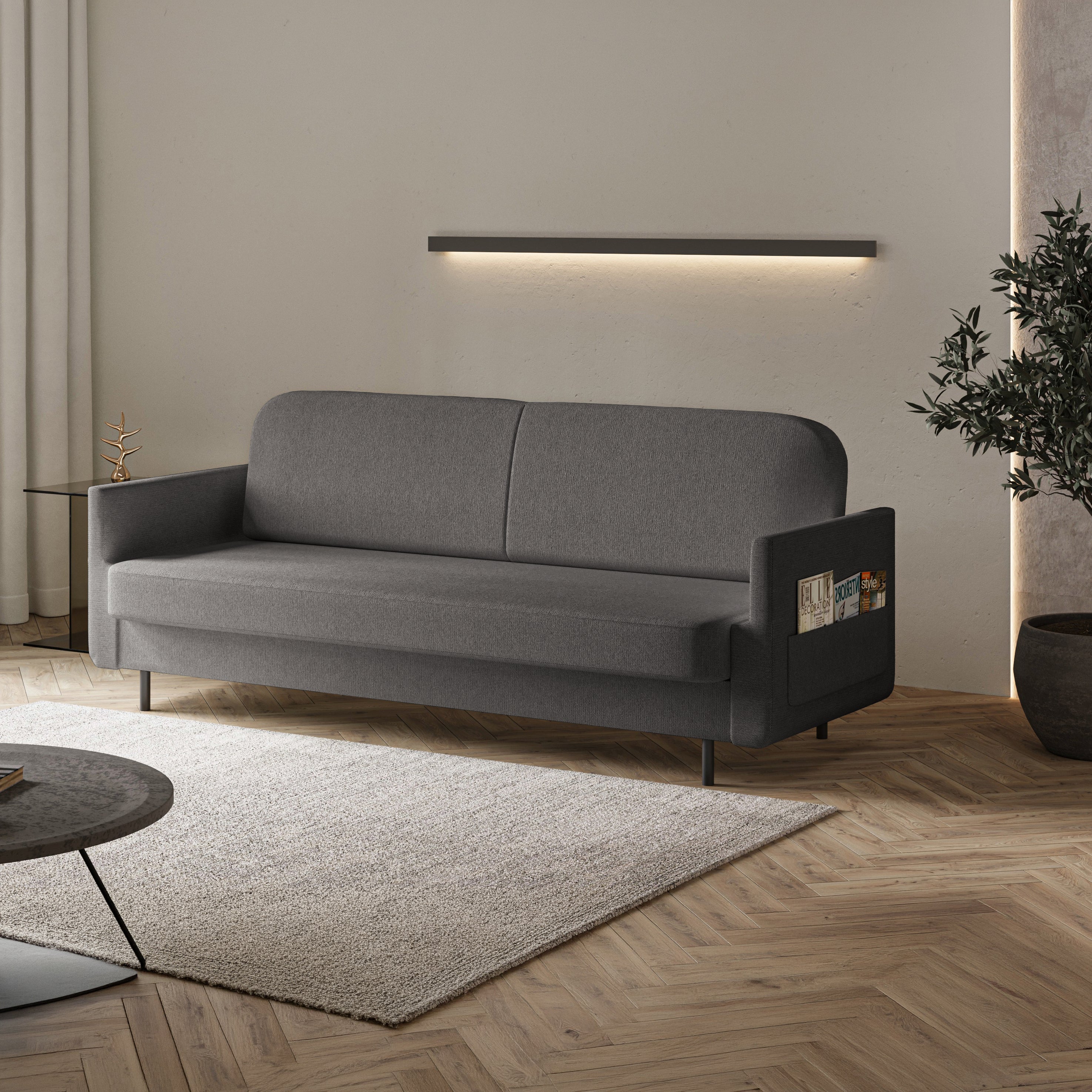 Ausziehbares Dreisitzer-Sofa Ovelio in grauem, hydrophobem Chenille-Stoff