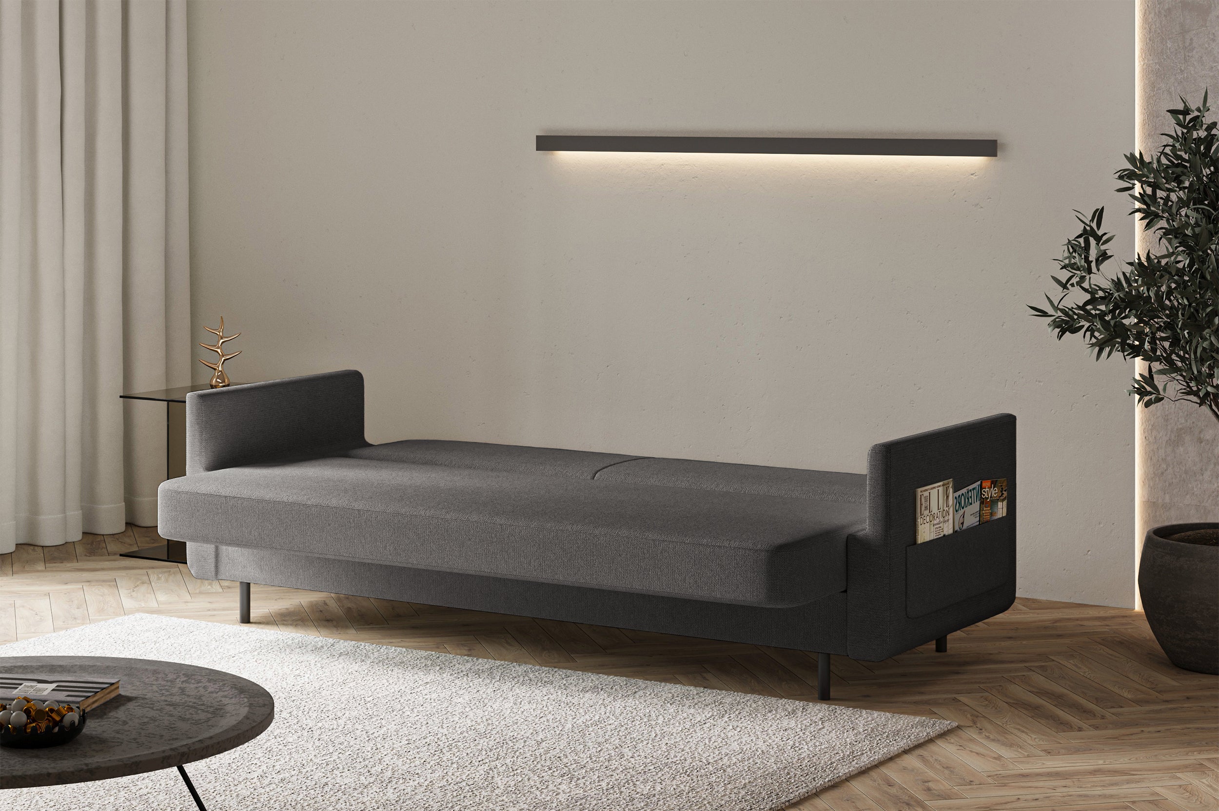 Ausziehbares Dreisitzer-Sofa Ovelio in grauem, hydrophobem Chenille-Stoff