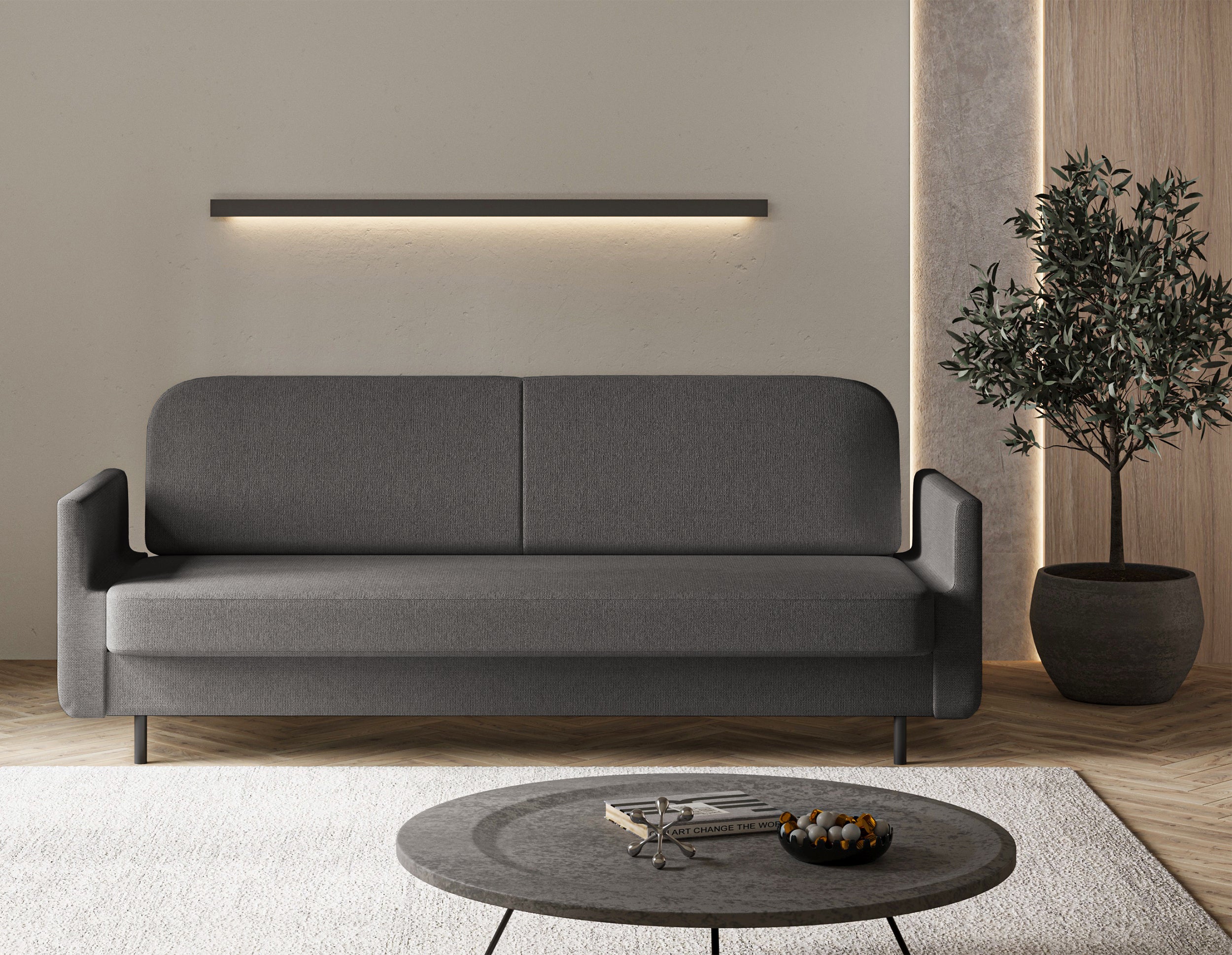 Ausziehbares Dreisitzer-Sofa Ovelio in grauem, hydrophobem Chenille-Stoff