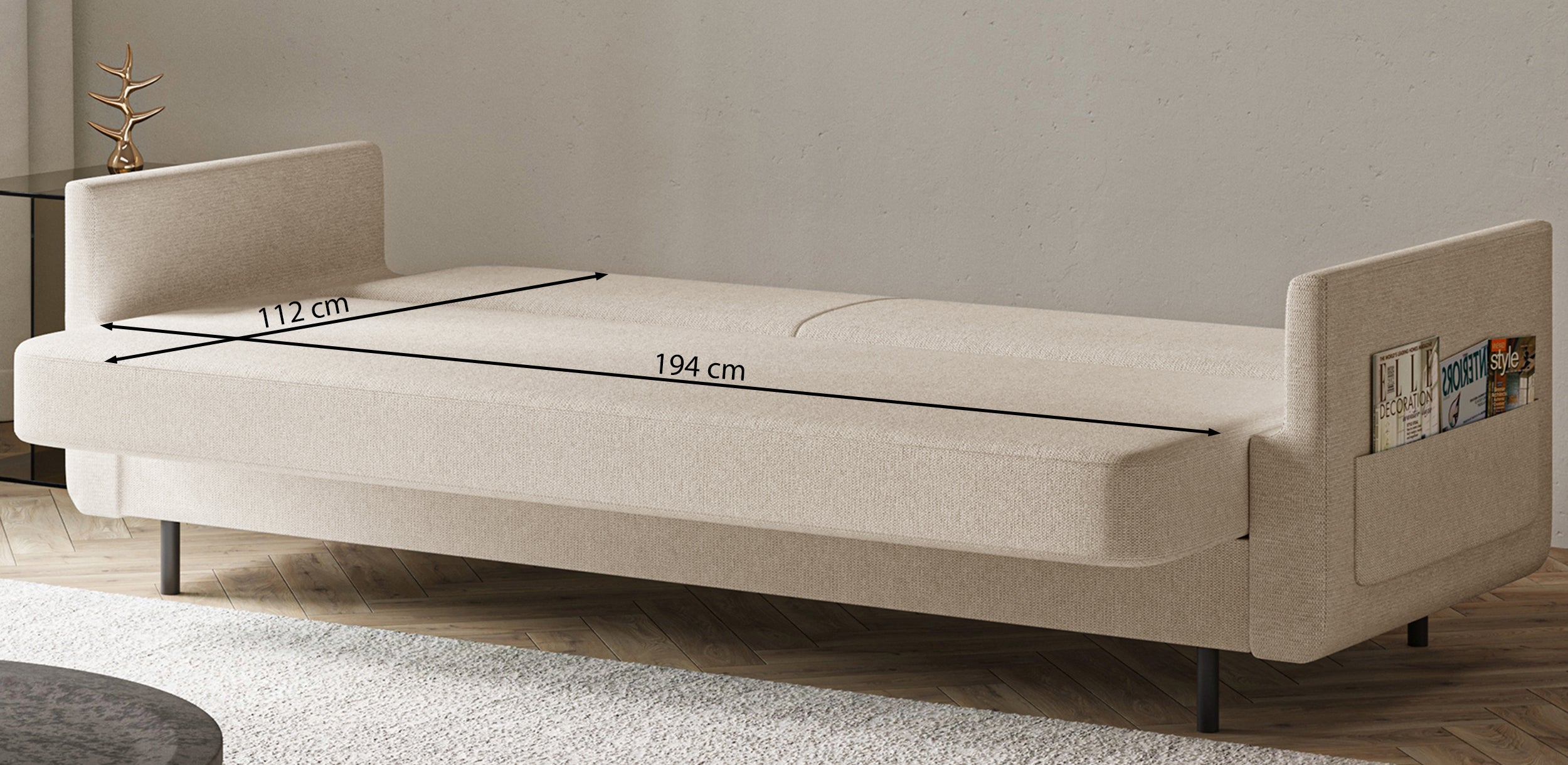 Dreisitziges ausklappbares Sofa Ovelio in hellbeige, hydrophobes Chenille-Gewebe