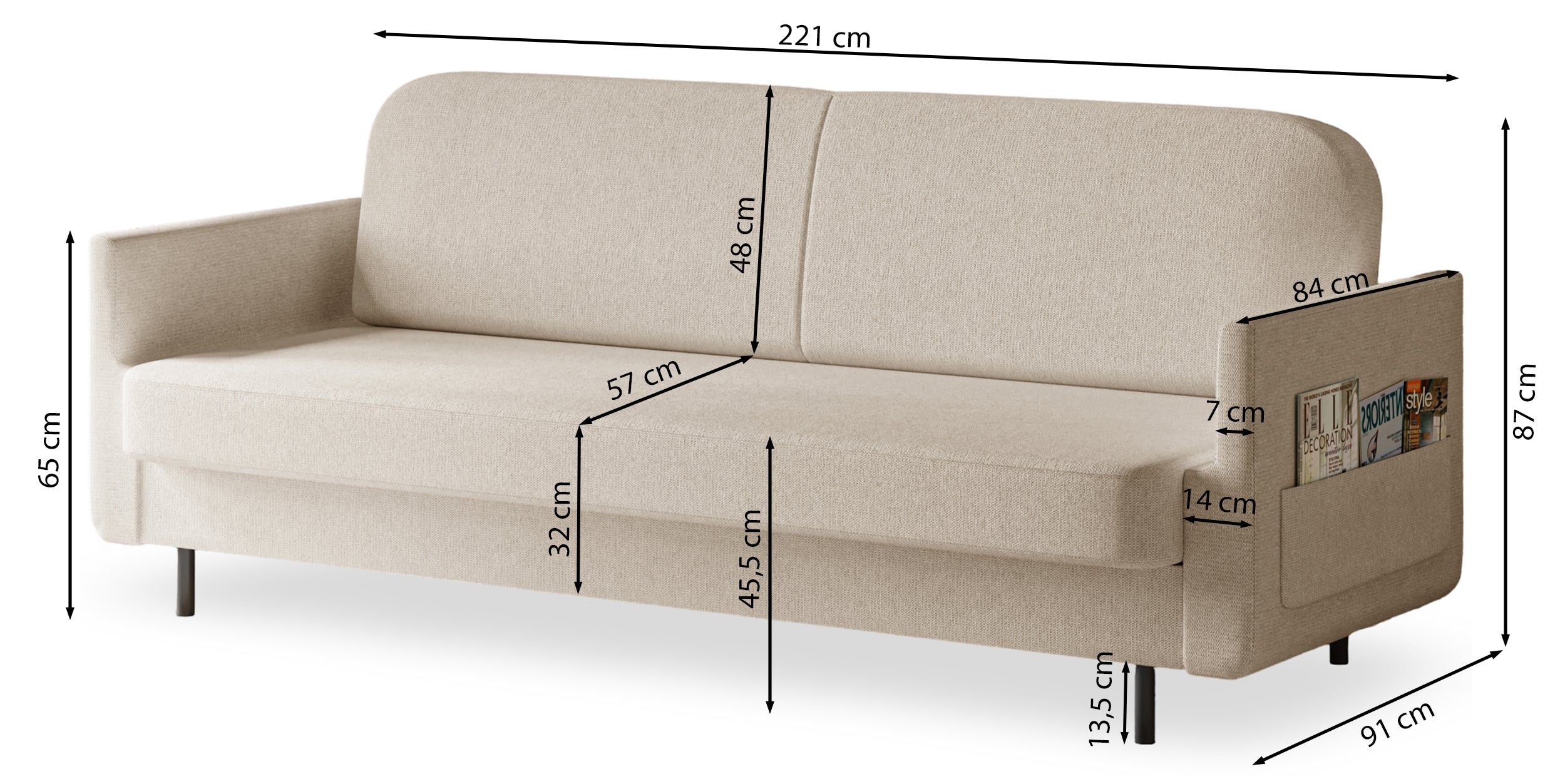 Dreisitziges ausklappbares Sofa Ovelio in hellbeige, hydrophobes Chenille-Gewebe