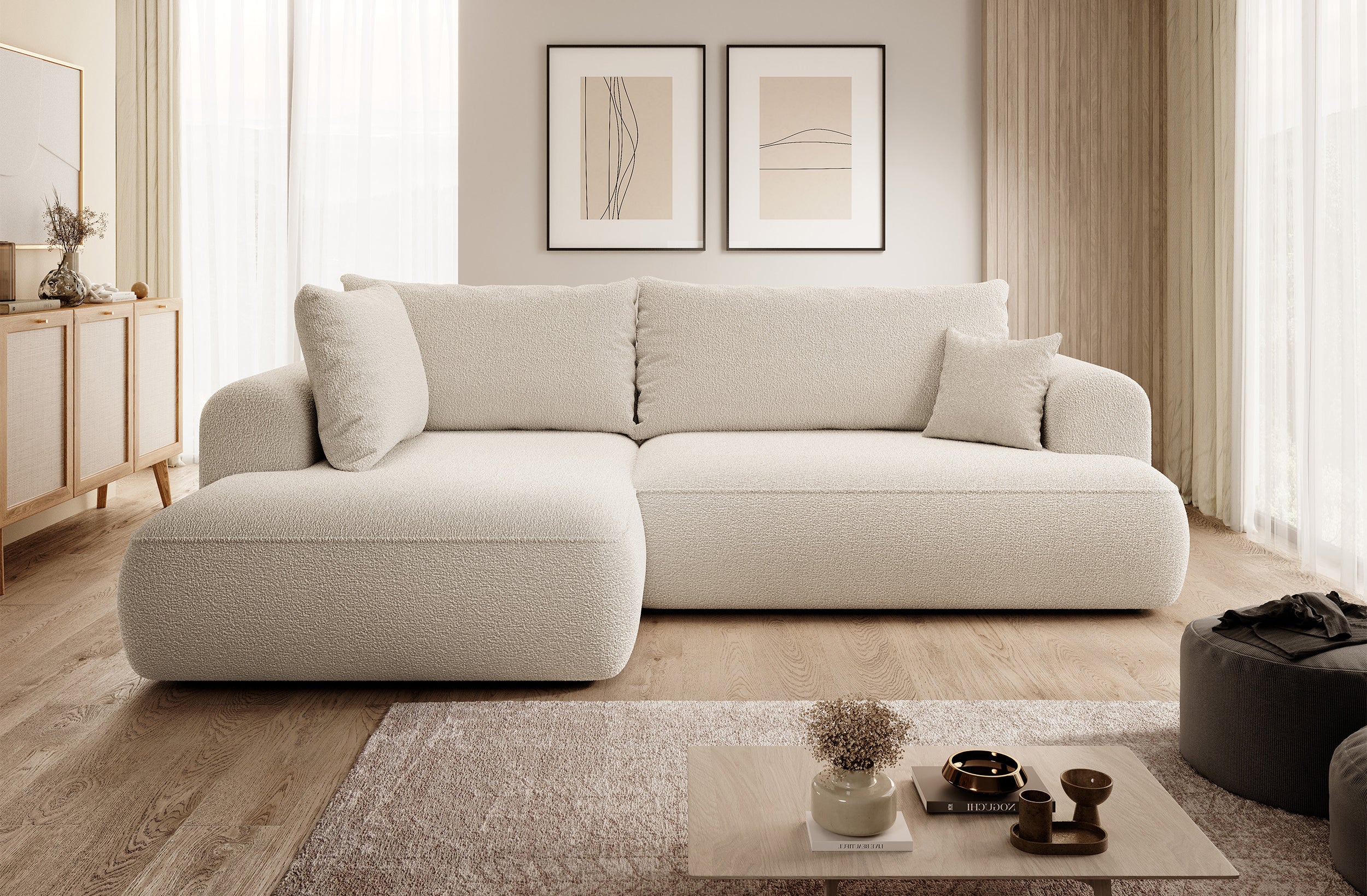 Ecksofa mit Schlaffunktion Ovo, L-förmig, mit Armlehne und Stauraum, beige Bouclé, linksseitig